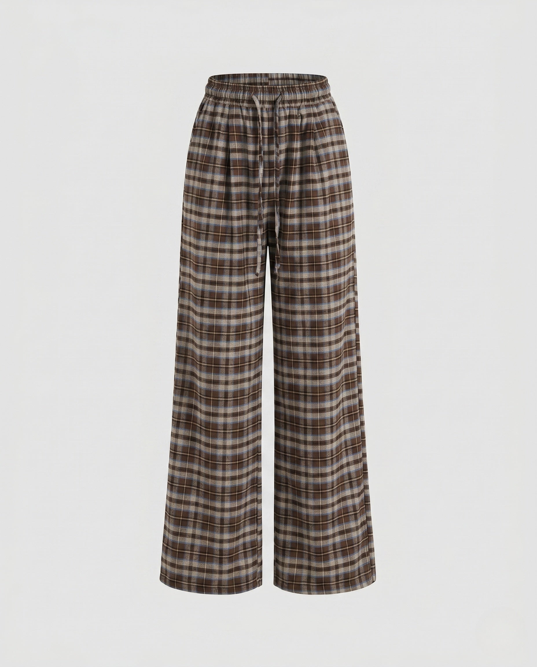 Women's Wide Checked Lounge Pants with Elastic Waistband, Drawstring