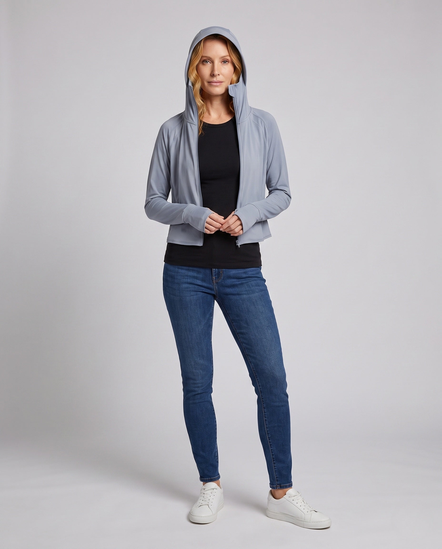 Women's Sporty Hoodie Jacket with Long Sleeves and Relaxed Fit - Front View