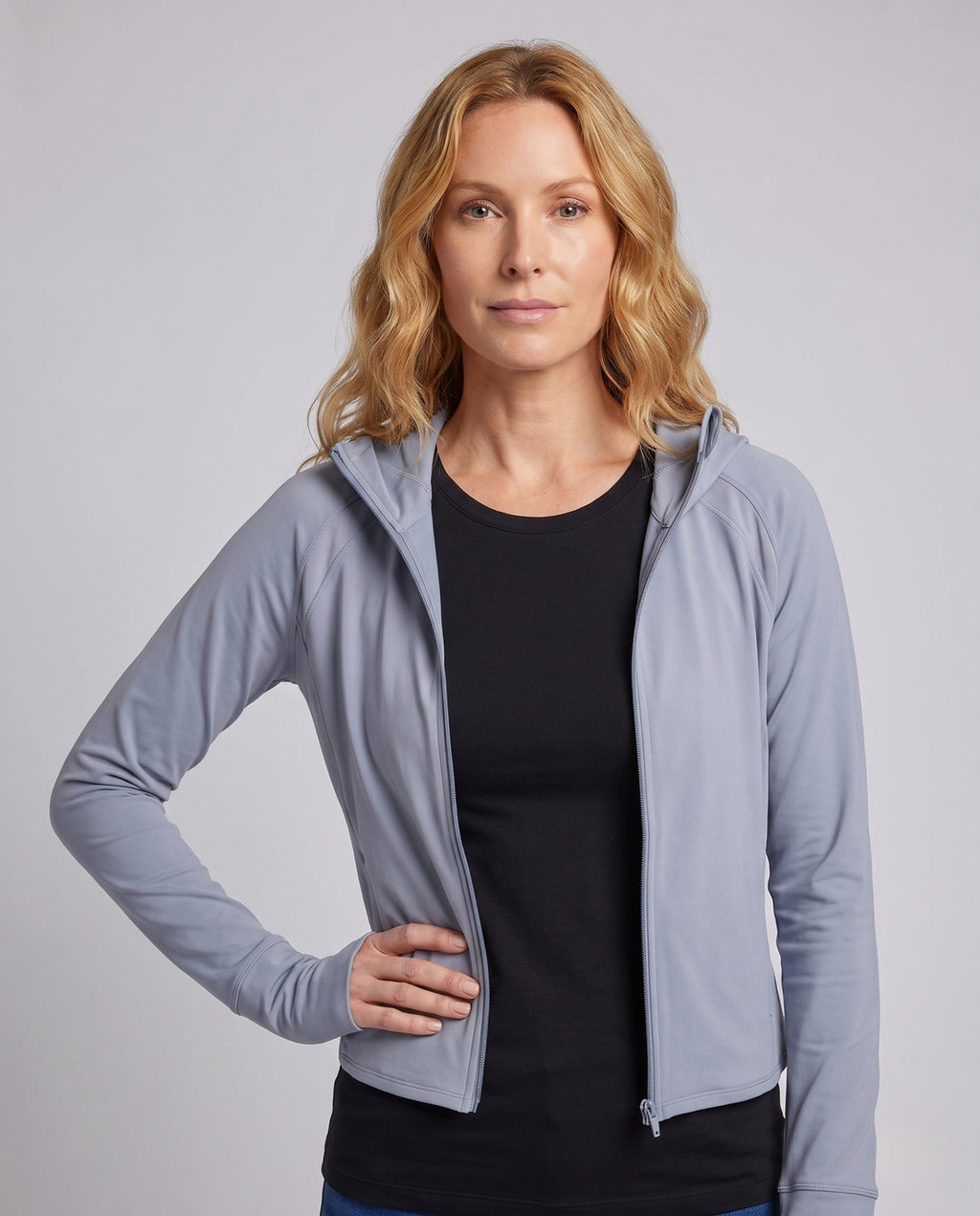 Women's Sporty Hoodie Jacket with Long Sleeves and Relaxed Fit - Upper Body View
