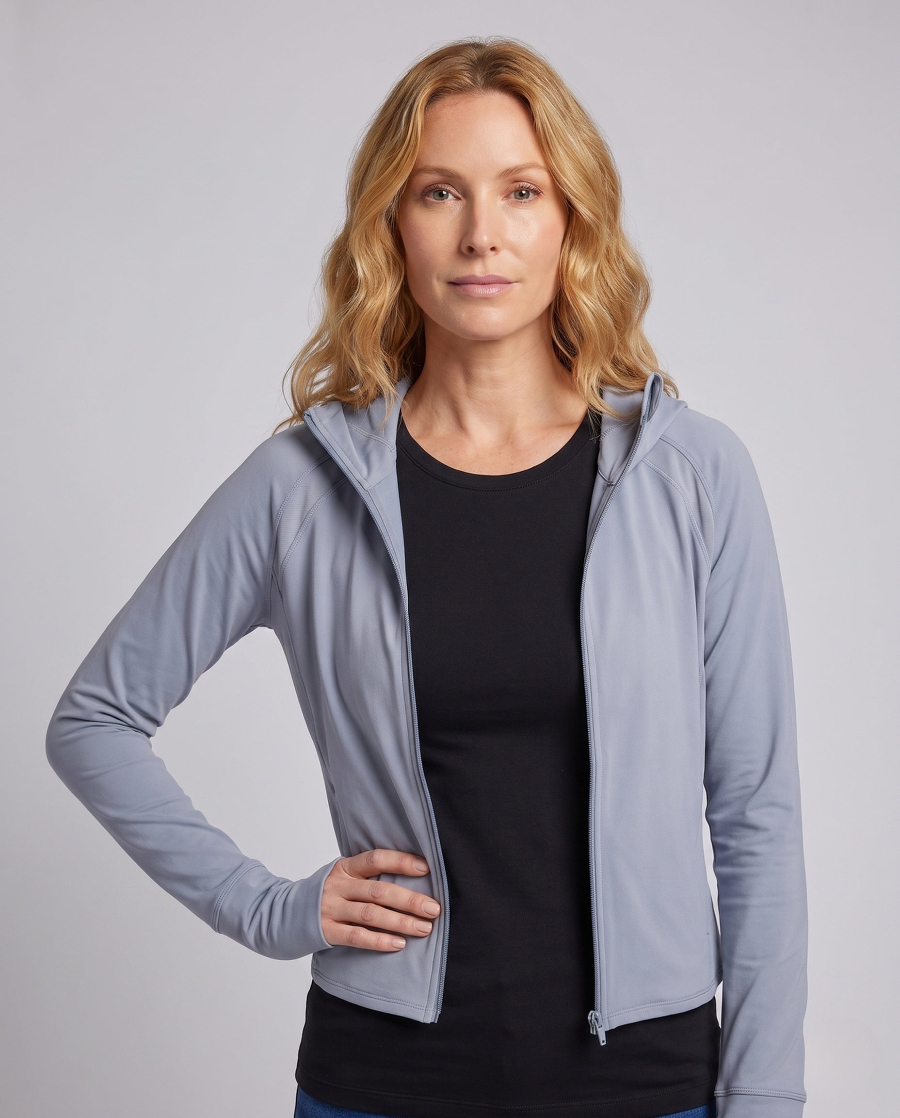 Women's Sporty Hoodie Jacket with Long Sleeves and Relaxed Fit - Upper Body View