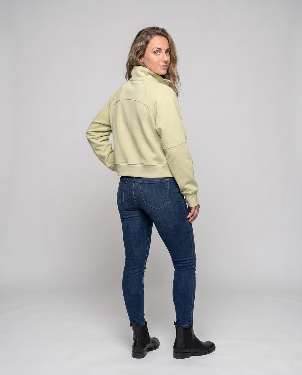 Women's Sporty Cropped Hoodie with High Collar and Kangaroo Pocket - Back View