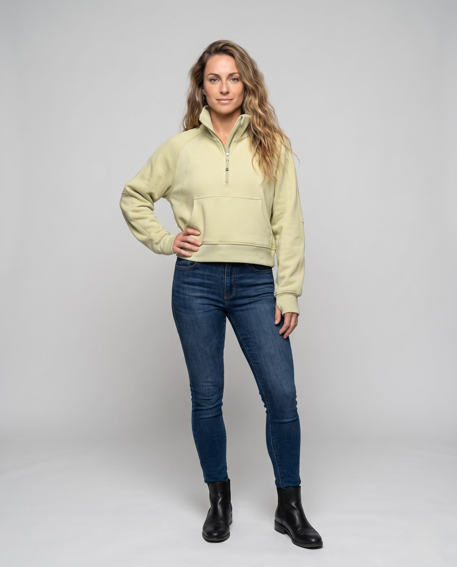 Women's Sporty Cropped Hoodie with High Collar and Kangaroo Pocket - Front View