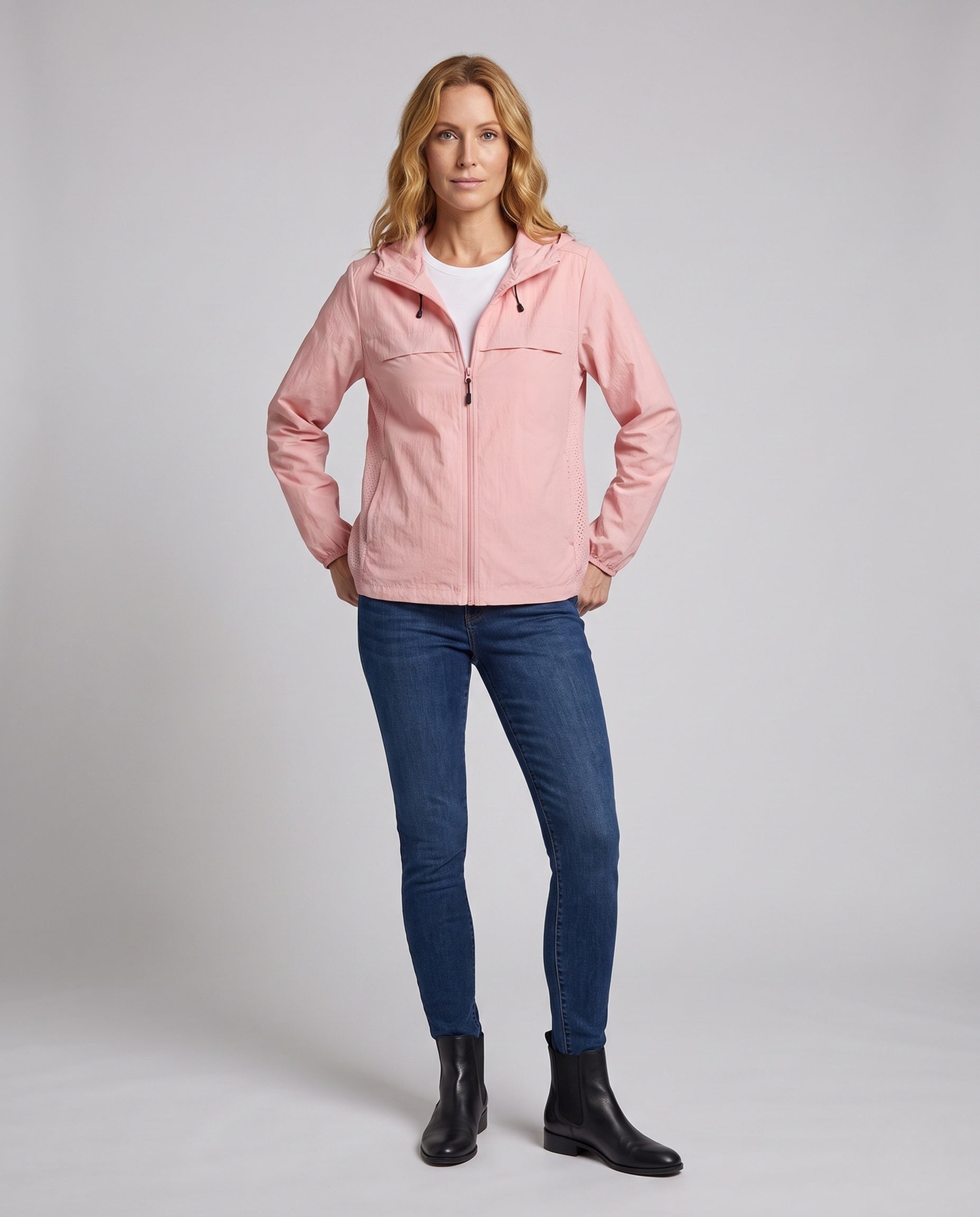 Women's Technical Windbreaker Jacket with Adjustable Hood - Front View
