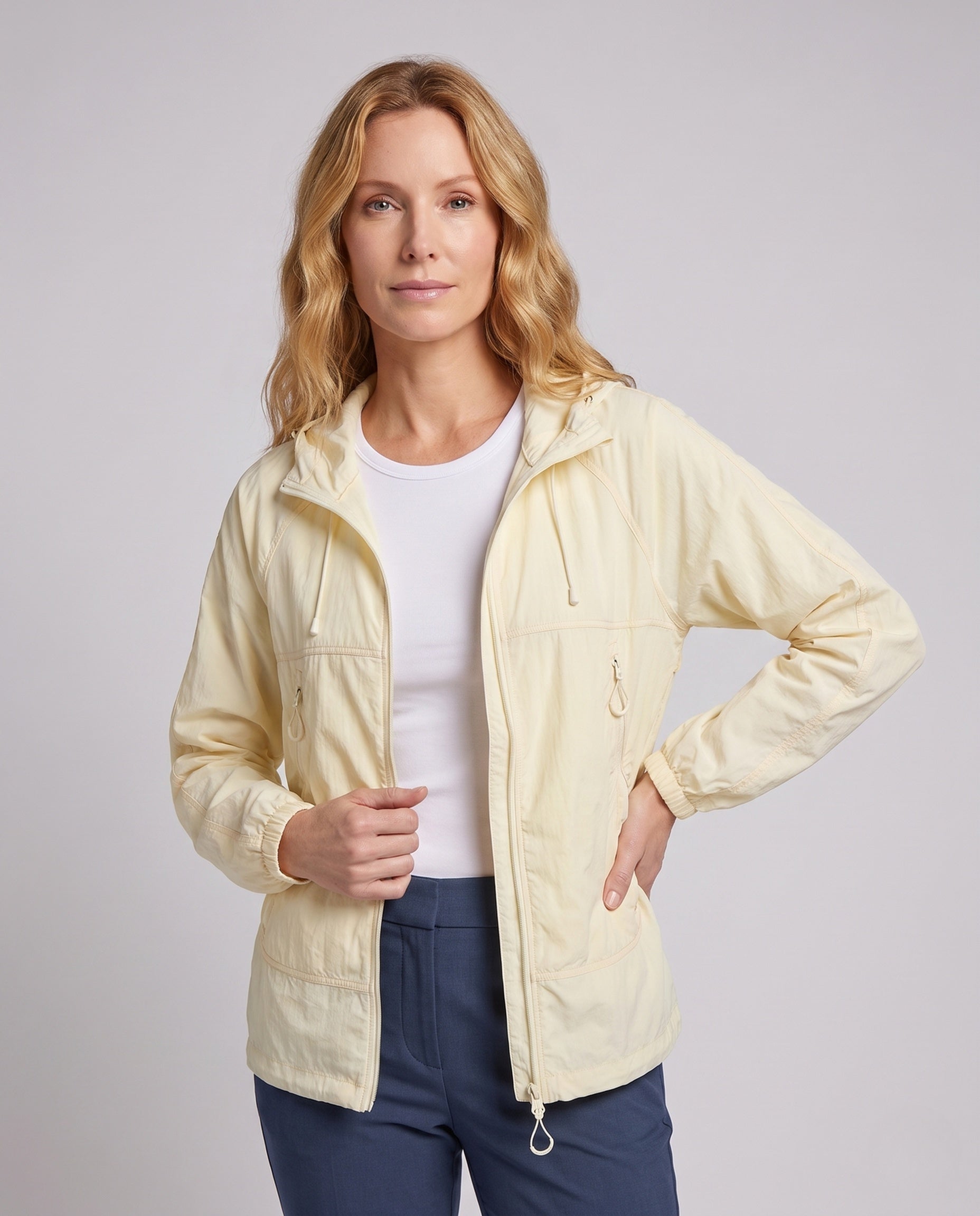 Women's Technical Windbreaker with Adjustable Hood - Upper Body View
