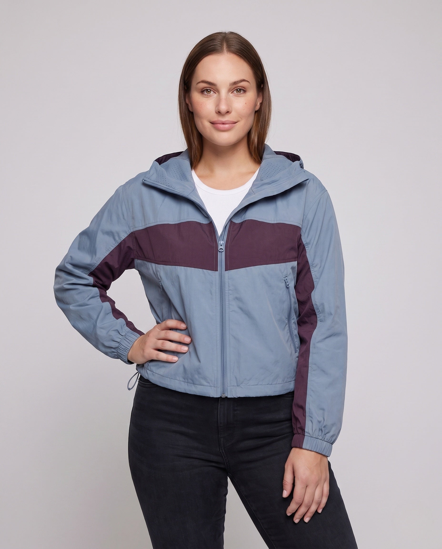 Women's Short Multifunctional Outdoor Jacket with Hood - Upper Body View