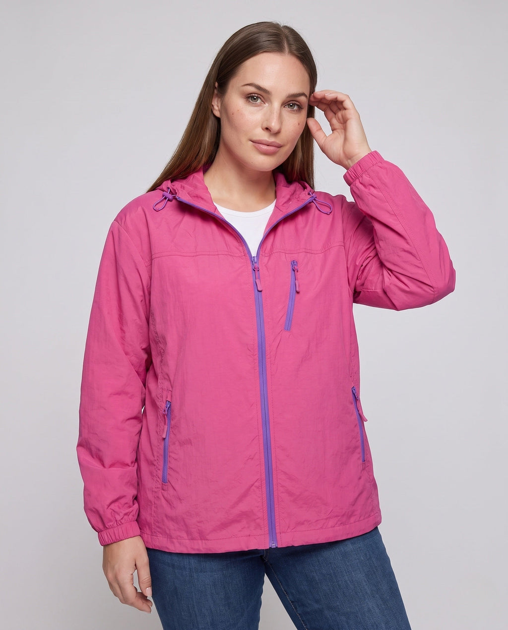 Women's Lightweight Outdoor Jacket with Adjustable Hood Area - Upper Body View