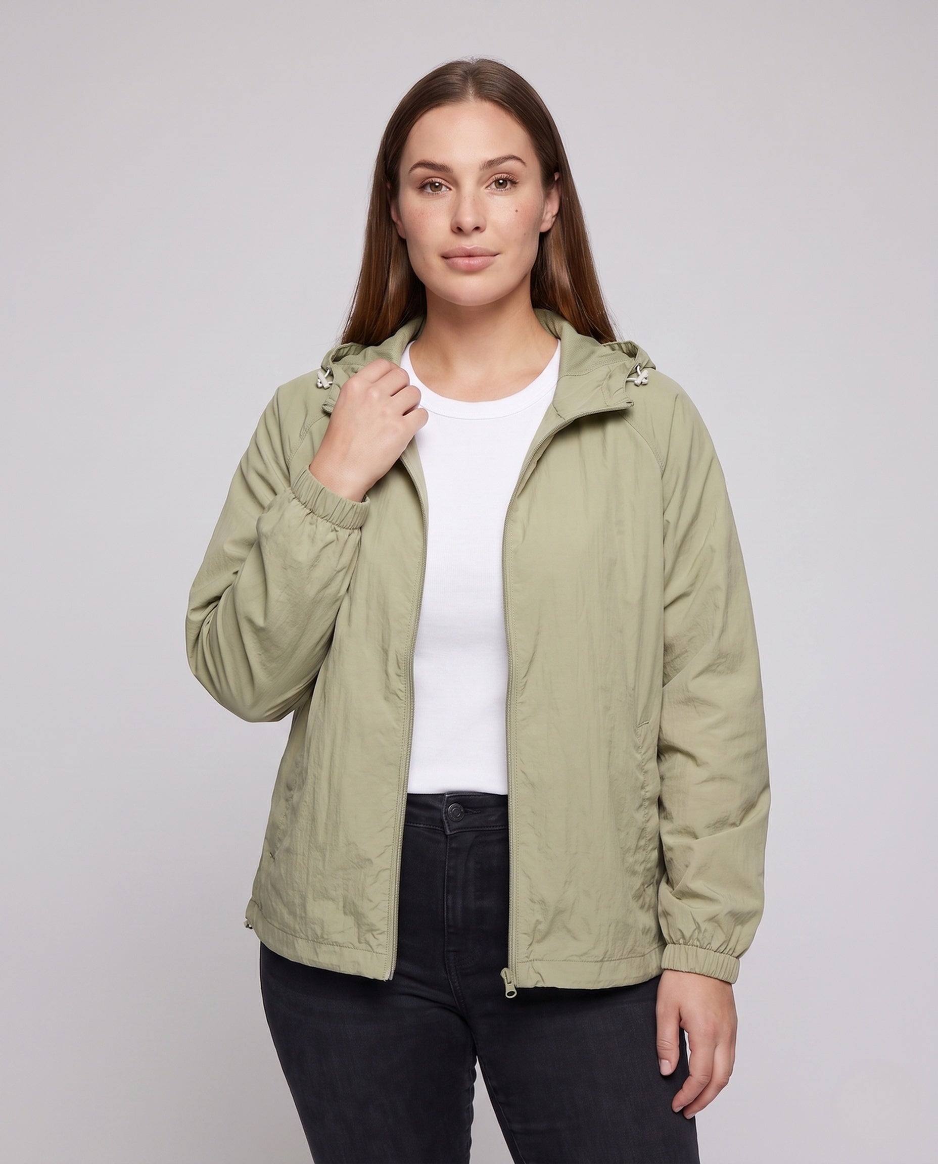 Women's Lightweight Outdoor Jacket with Adjustable Hood - Upper Body View