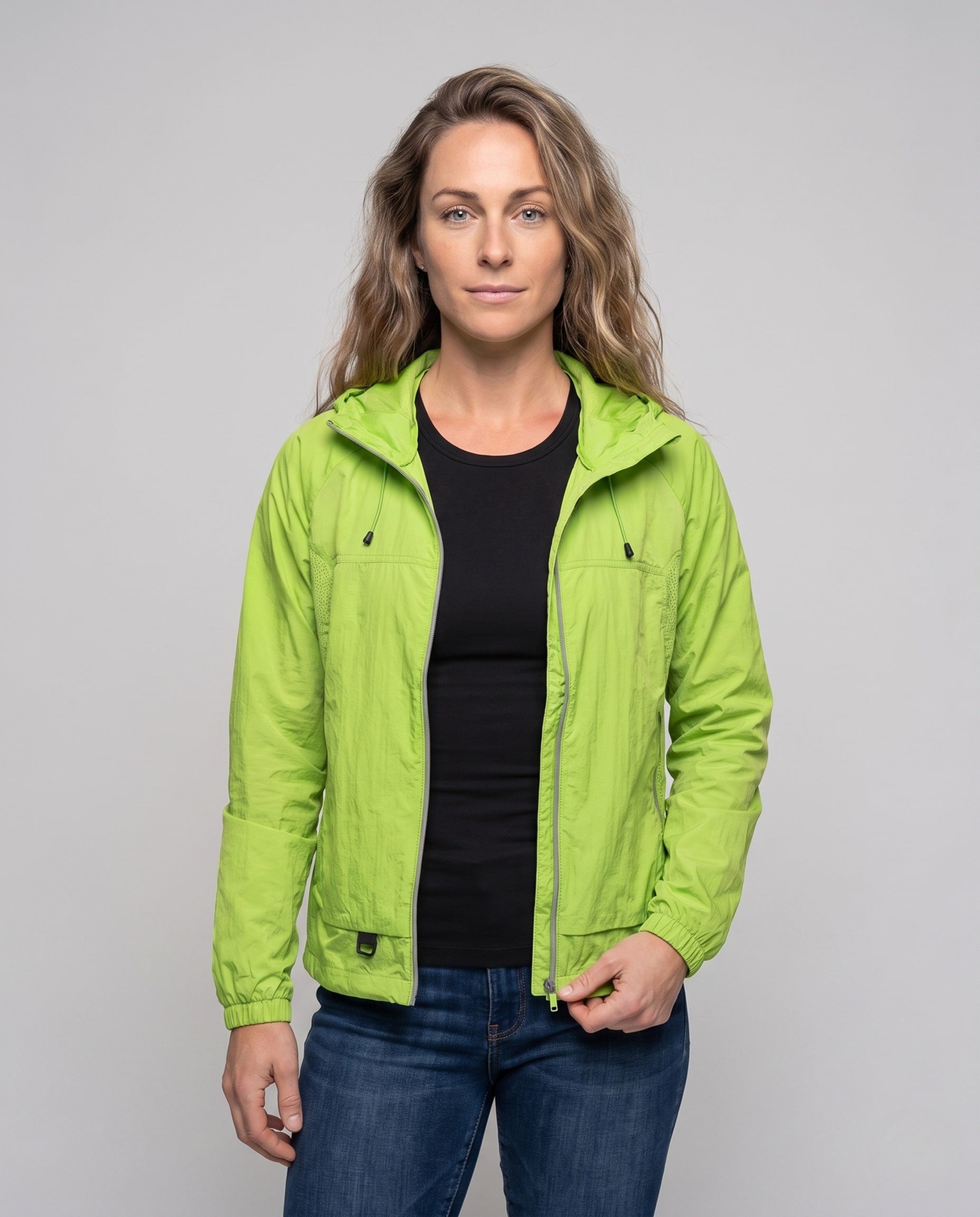 Women's Lightweight Rain Jacket with Breathable Features - Upper Body View