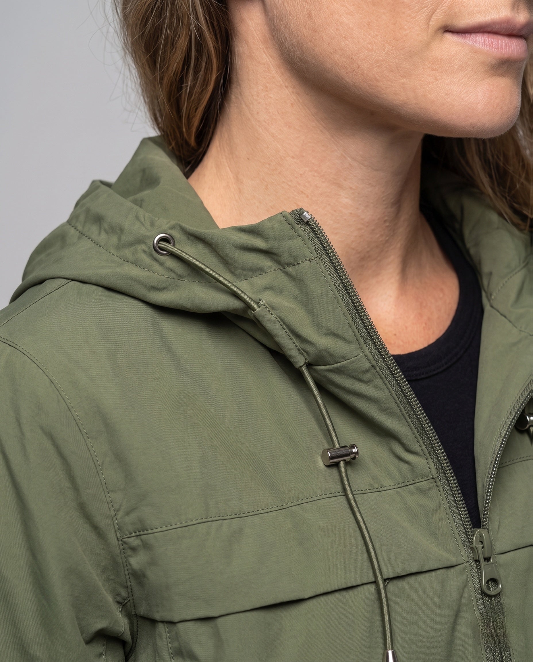 Women's Lightweight, Windproof Sports Jacket with Adjustable Hood - Close-Up Detail