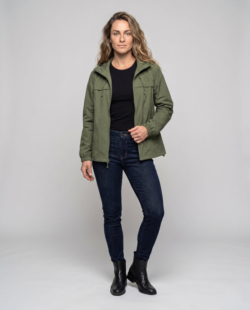 Women's Lightweight, Windproof Sports Jacket with Adjustable Hood - Front View