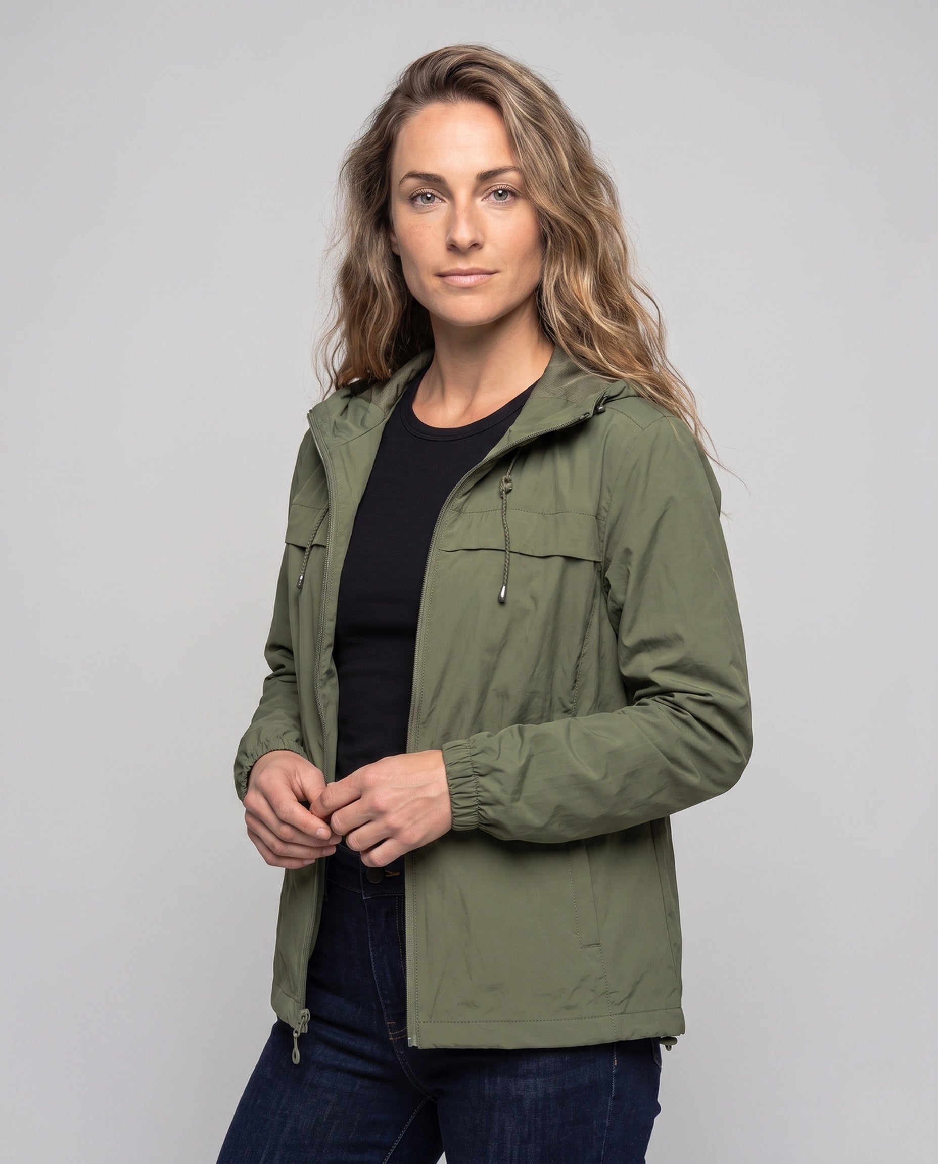 Women's Lightweight, Windproof Sports Jacket with Adjustable Hood - Upper Body View