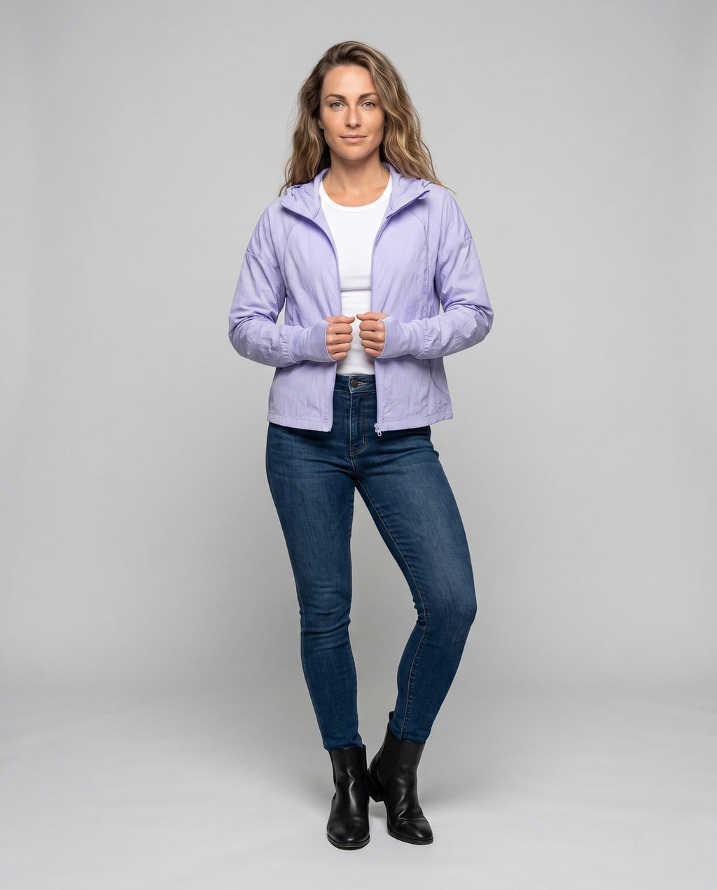 Women's Lightweight Windbreaker with Adjustable Hood - Front View