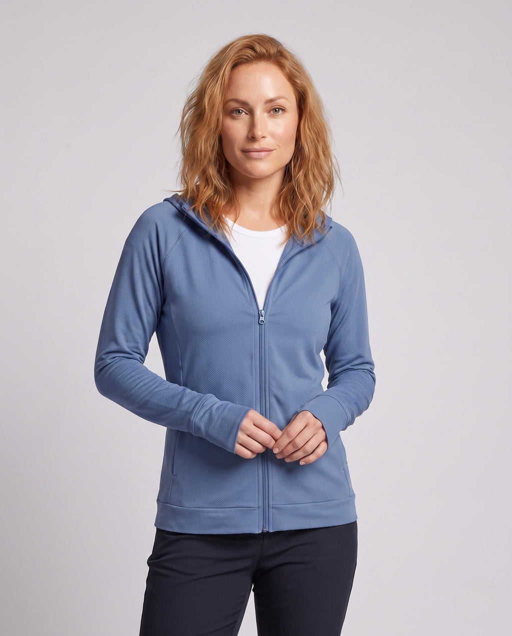 Women's Breathable Sports Jacket with Hood and Full-Length Zipper - Upper Body View