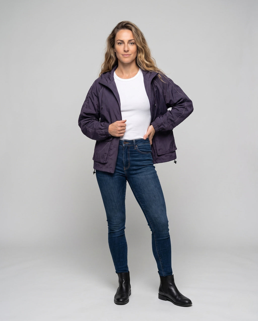 Women's Functional Jacket with Breathable Inserts and Adjustable Hood - Front View