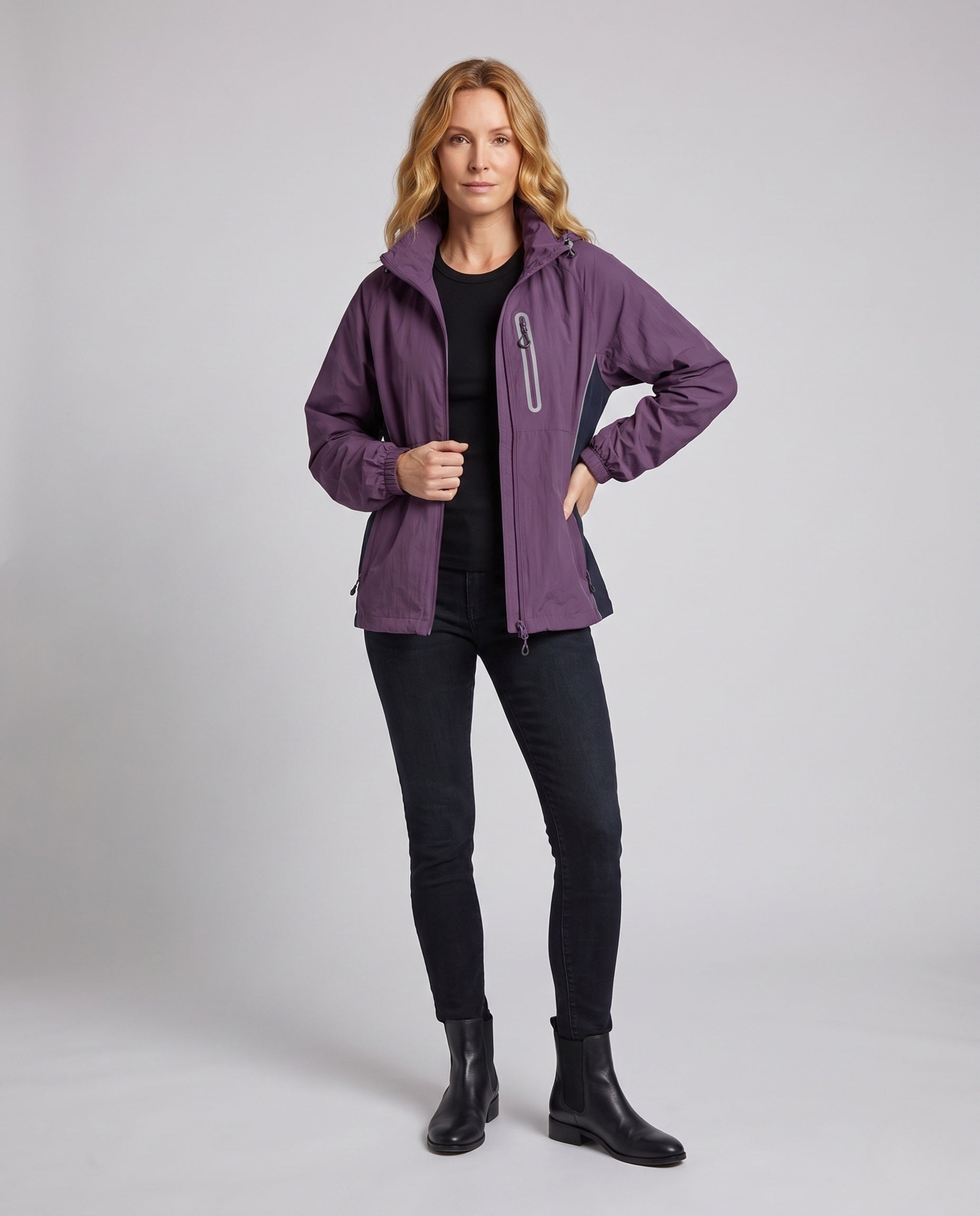 Women's Lightweight Functional Jacket with Adjustable Hood Design - Front View