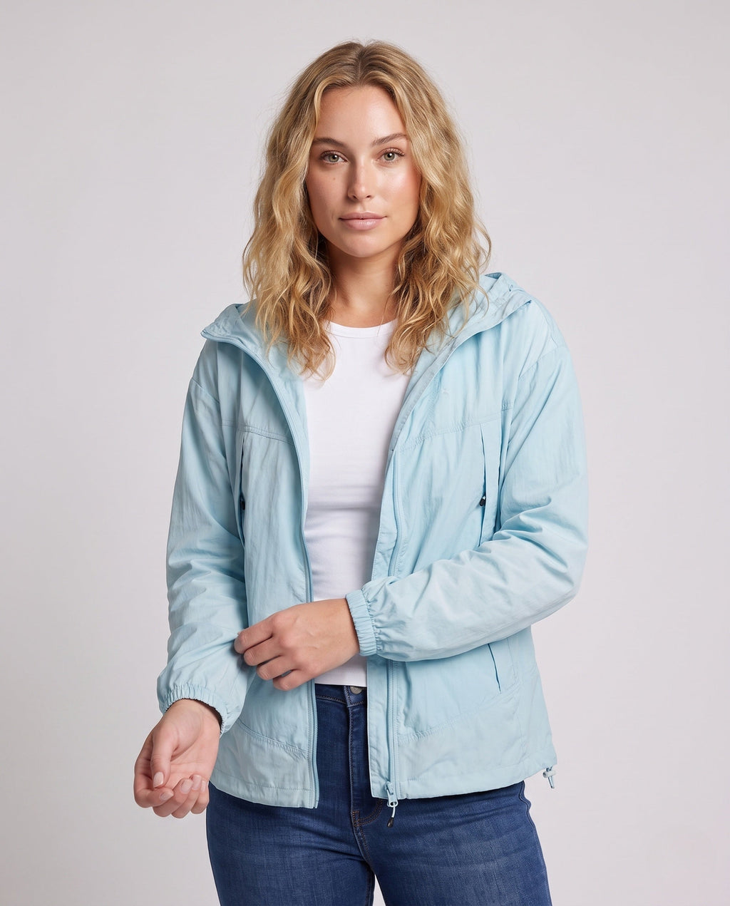 Women's Lightweight Outdoor Jacket with Packable Hood Design - Upper Body View