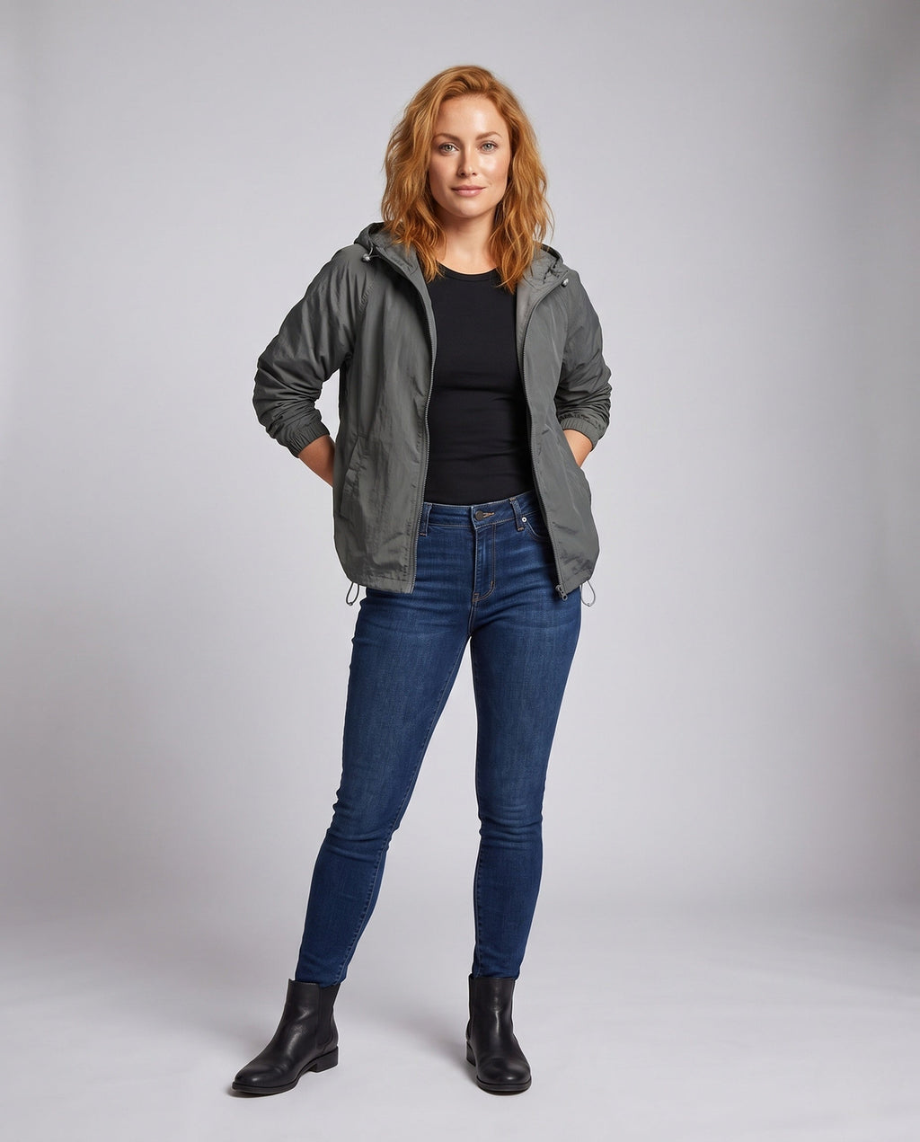 Women's Lightweight Transitional Jacket with Practical Pockets, Hood - Front View