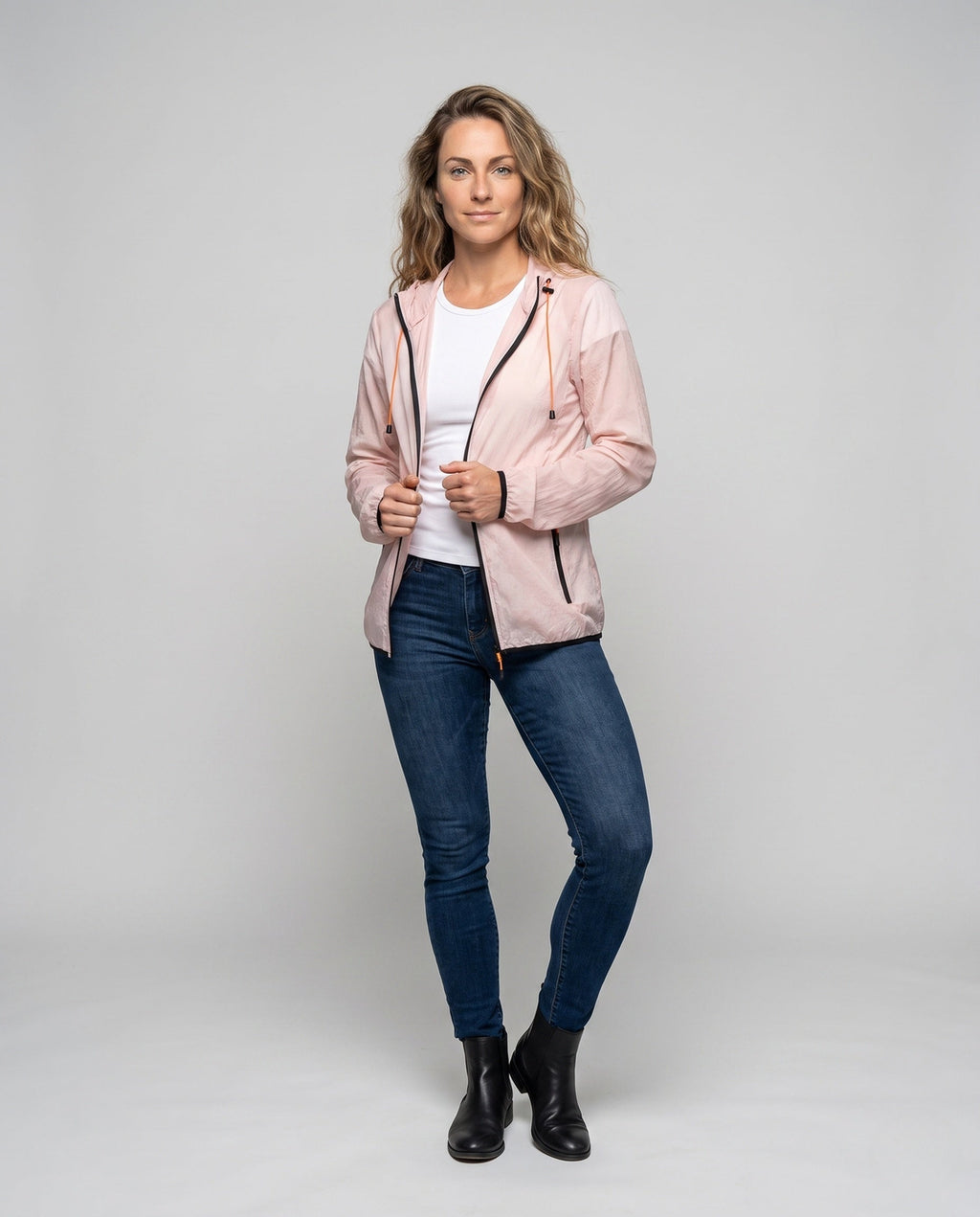Women's Lightweight and Breathable Windbreaker with Adjustable Hood - Front View