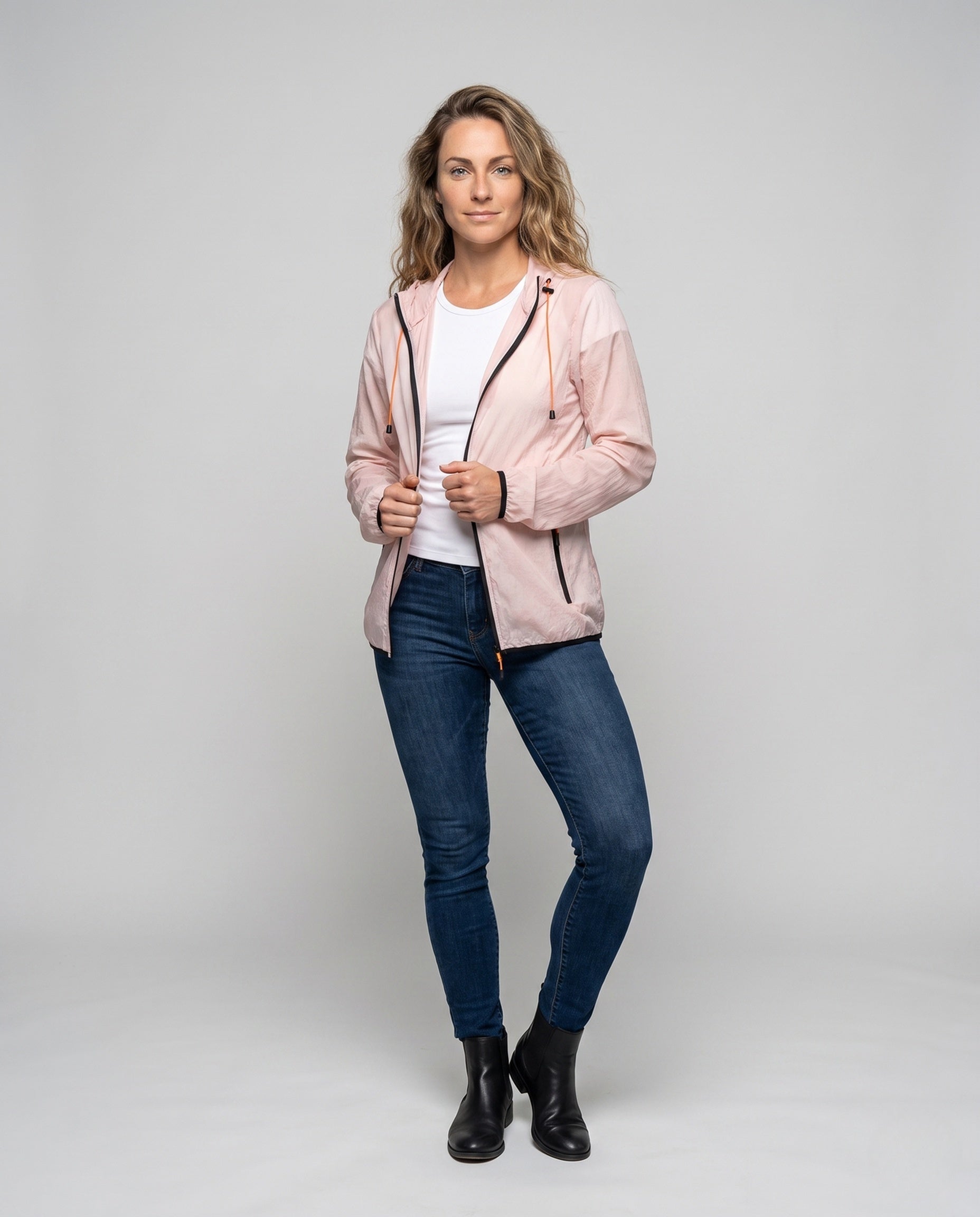 Women's Lightweight and Breathable Windbreaker with Adjustable Hood - Front View