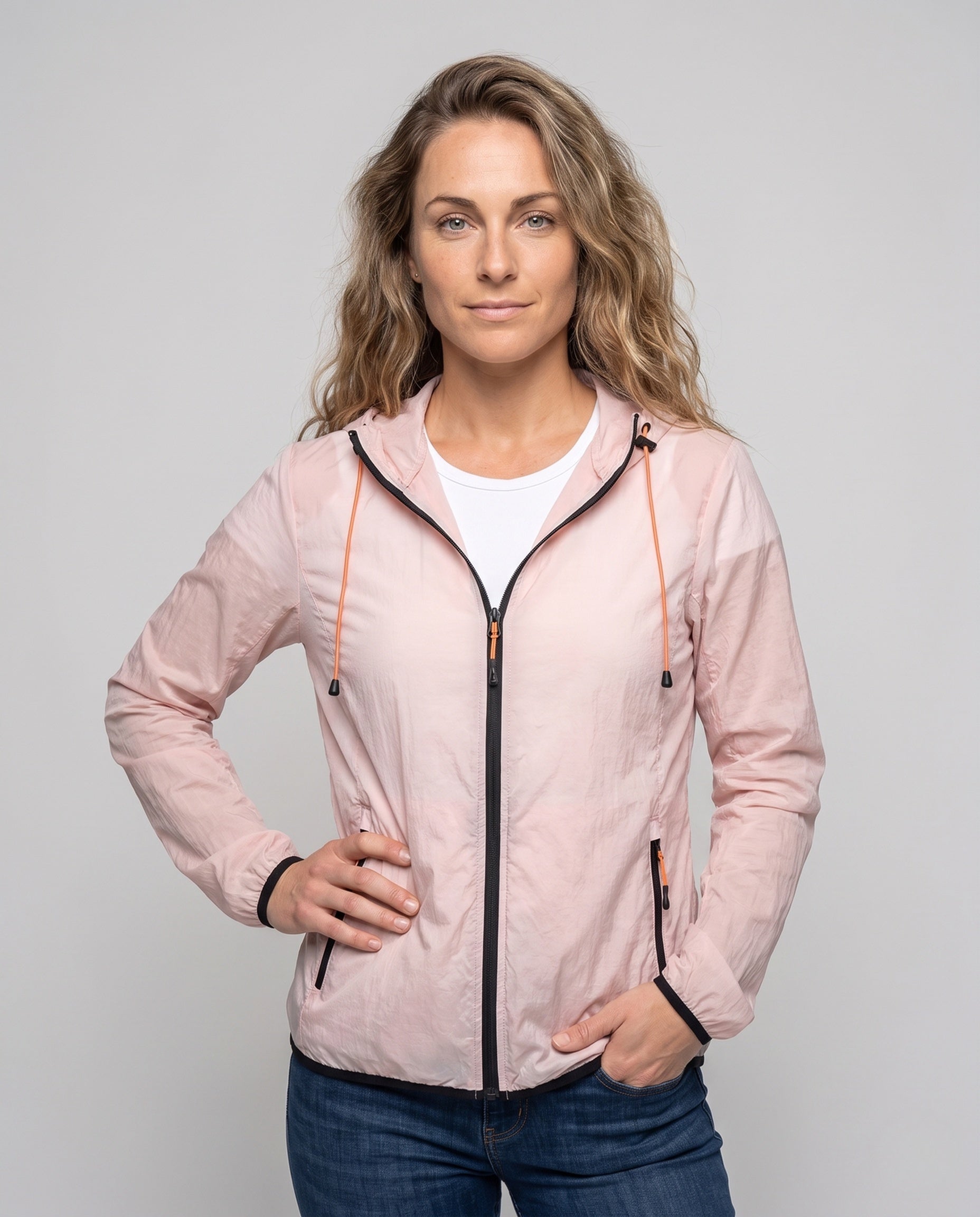 Women's Lightweight and Breathable Windbreaker with Adjustable Hood - Upper Body View