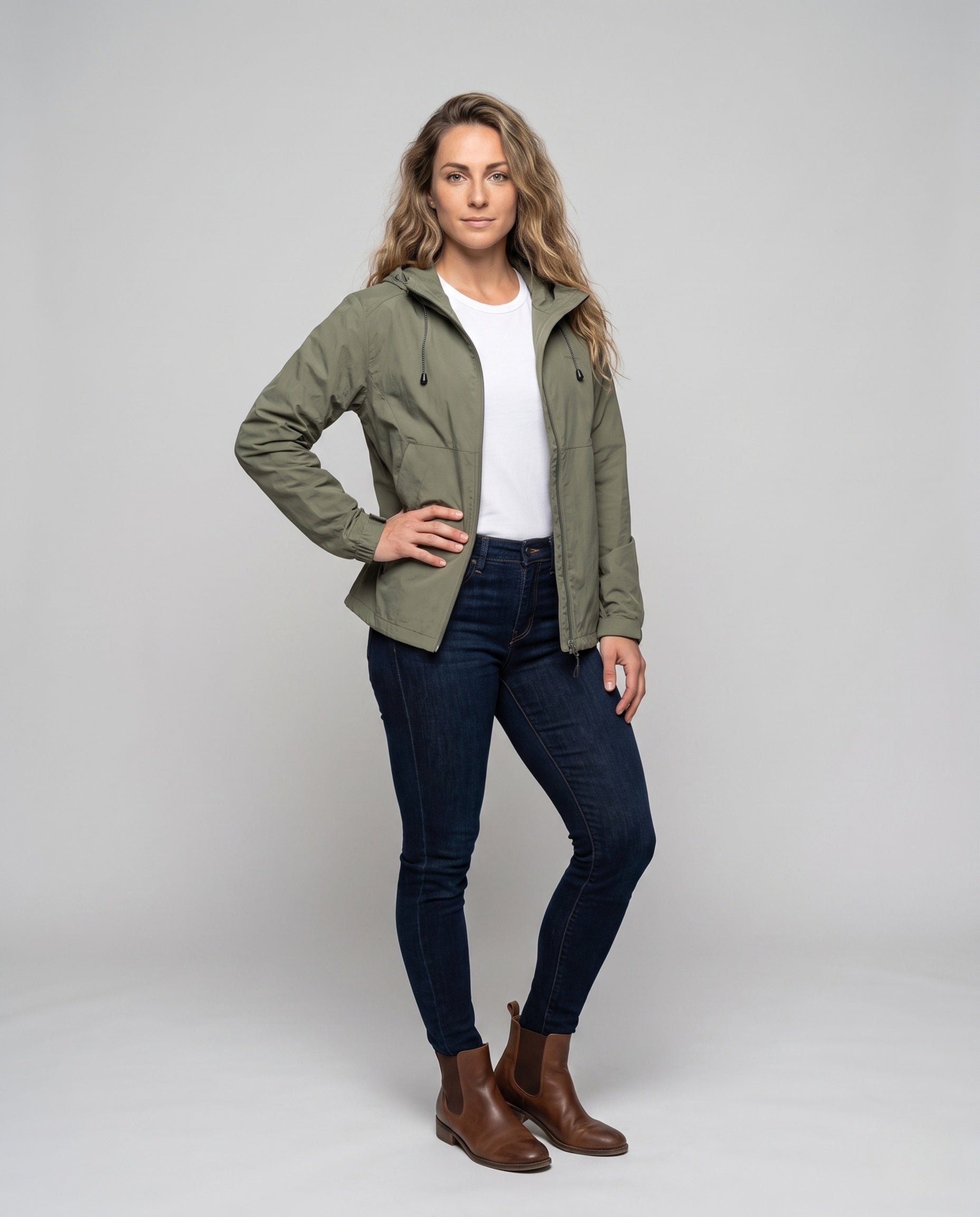 Women's Lightweight and Functional Rain Jacket with Adjustable Hood - Front View