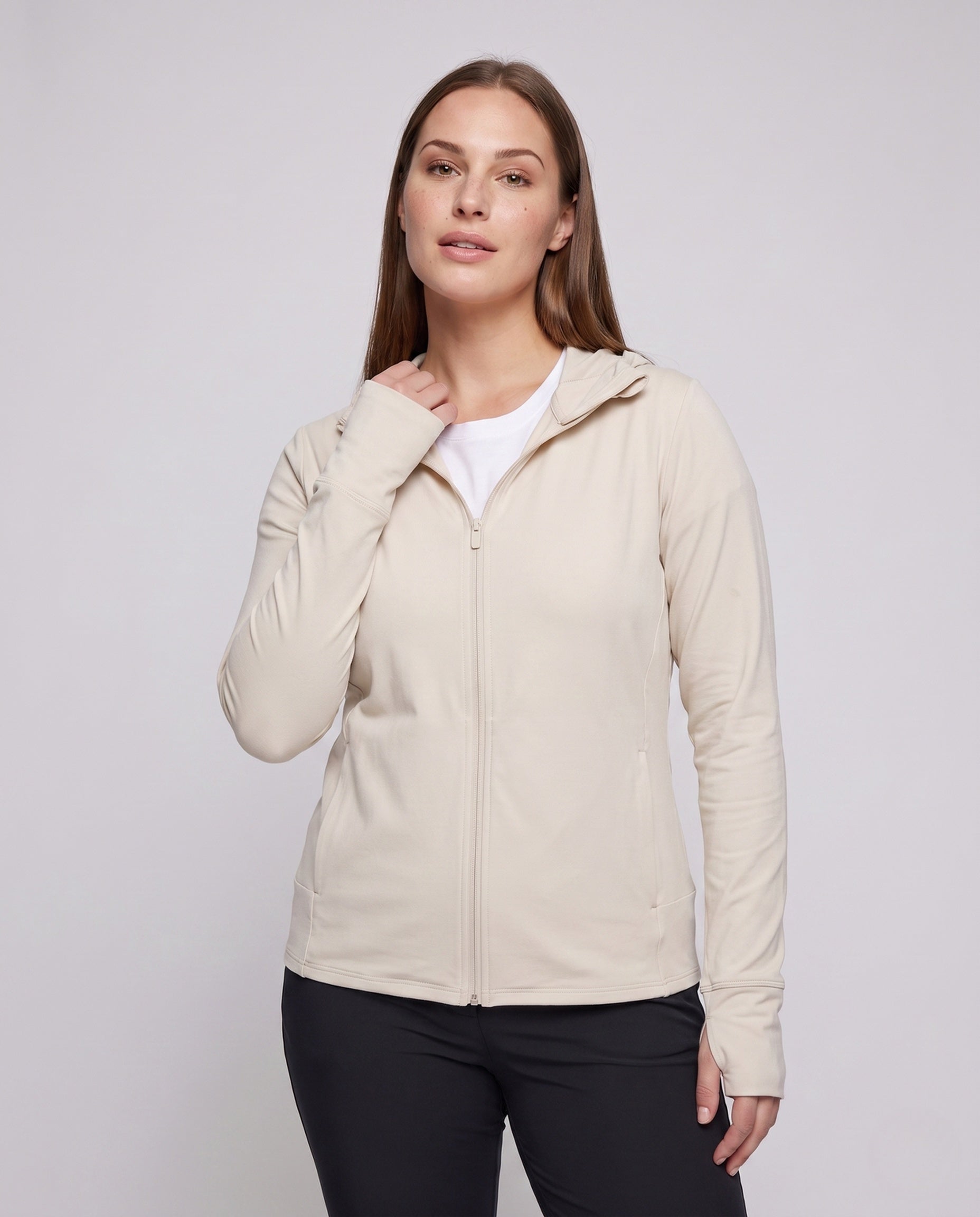 Women's Sports Jacket with Integrated Hood and UV Protection - Upper Body View