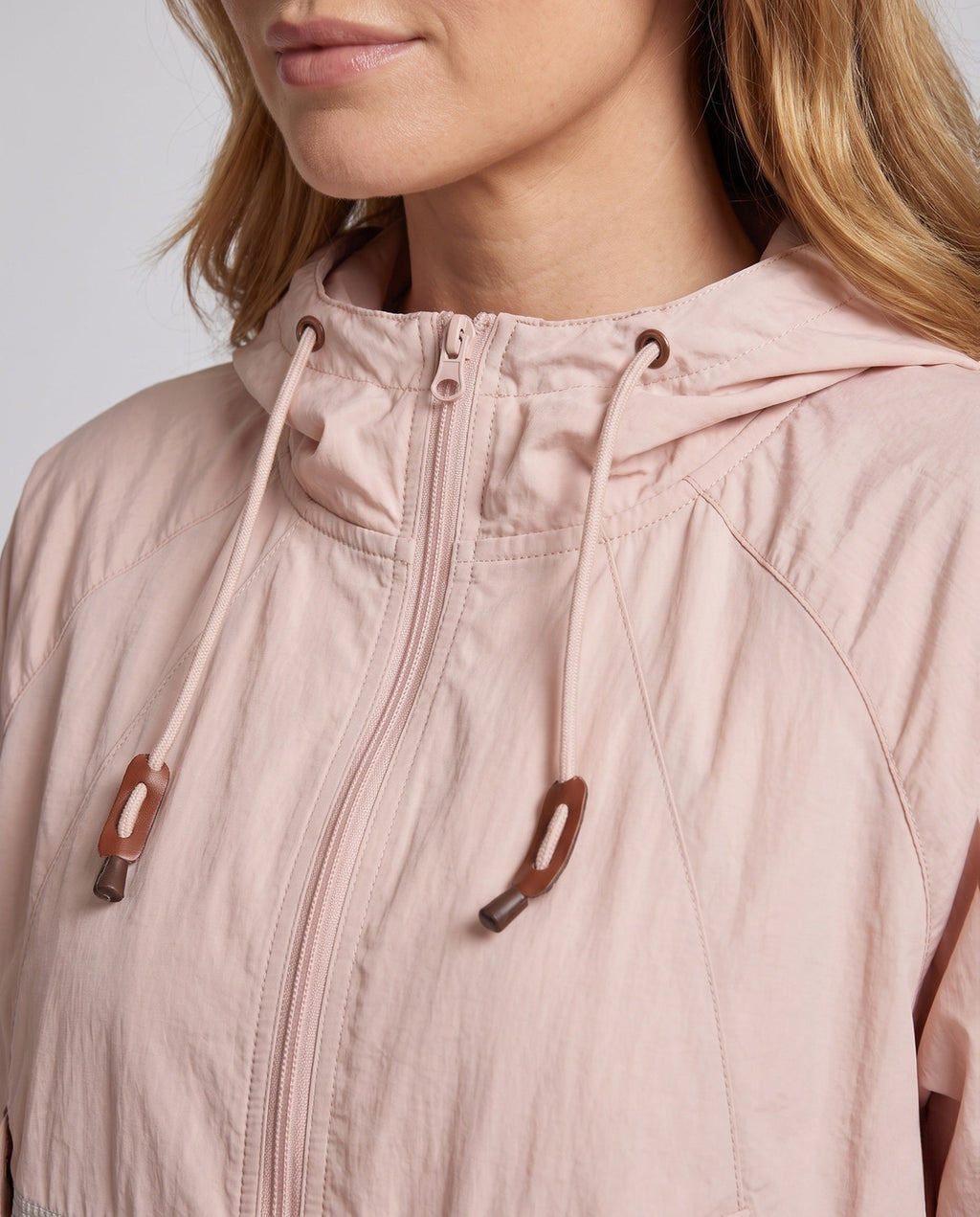 Women's Lightweight Windproof Hooded Jacket with Drawstring - Close-Up Detail