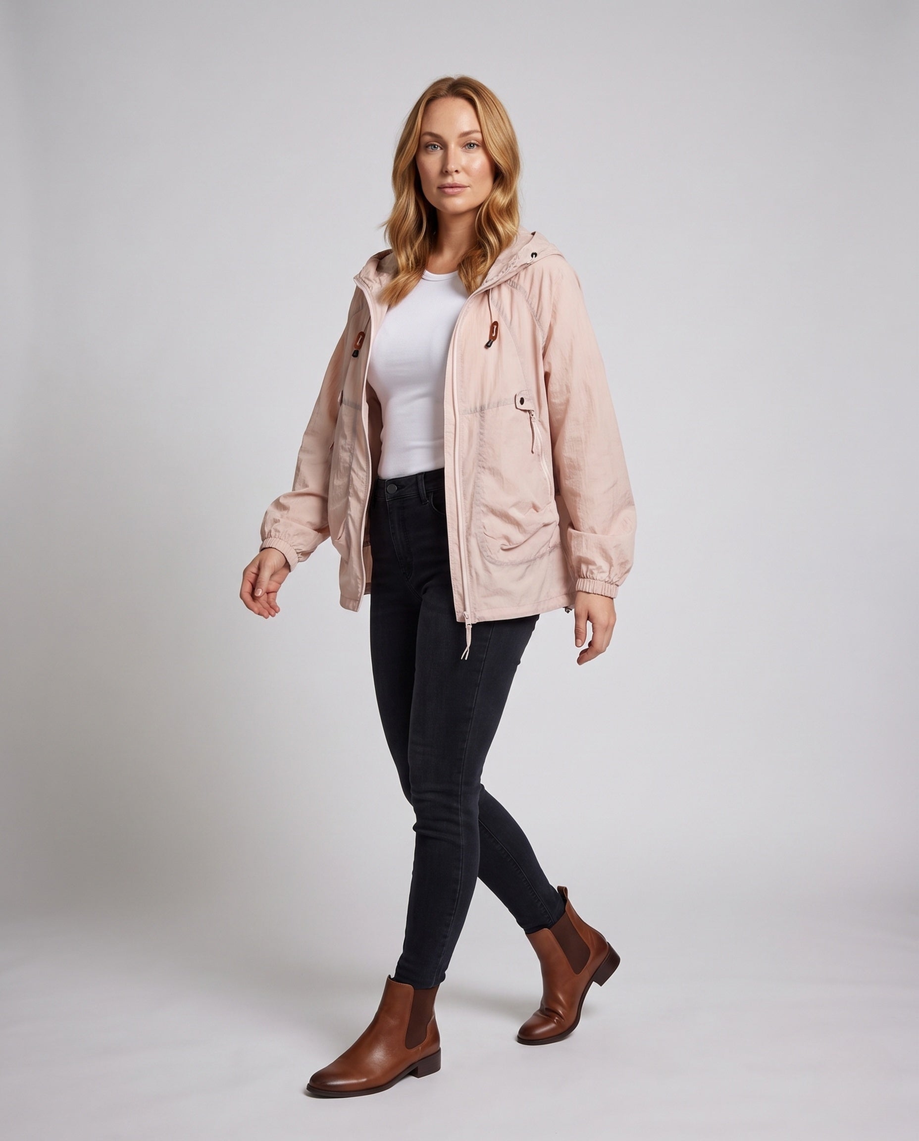 Women's Lightweight Windproof Hooded Jacket with Drawstring - Front View