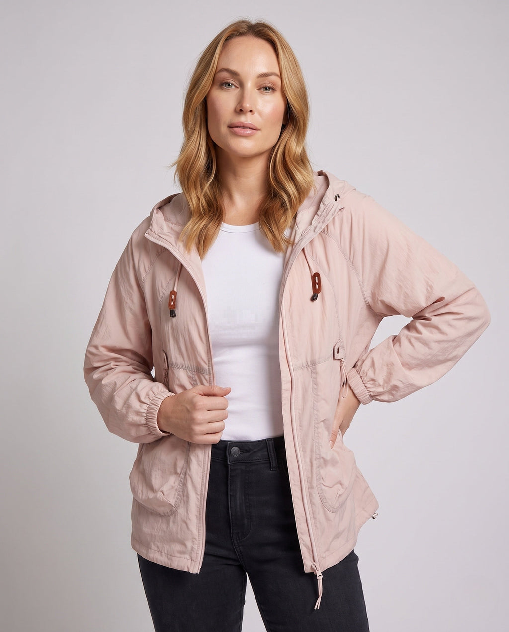 Women's Lightweight Windproof Hooded Jacket with Drawstring - Upper Body View
