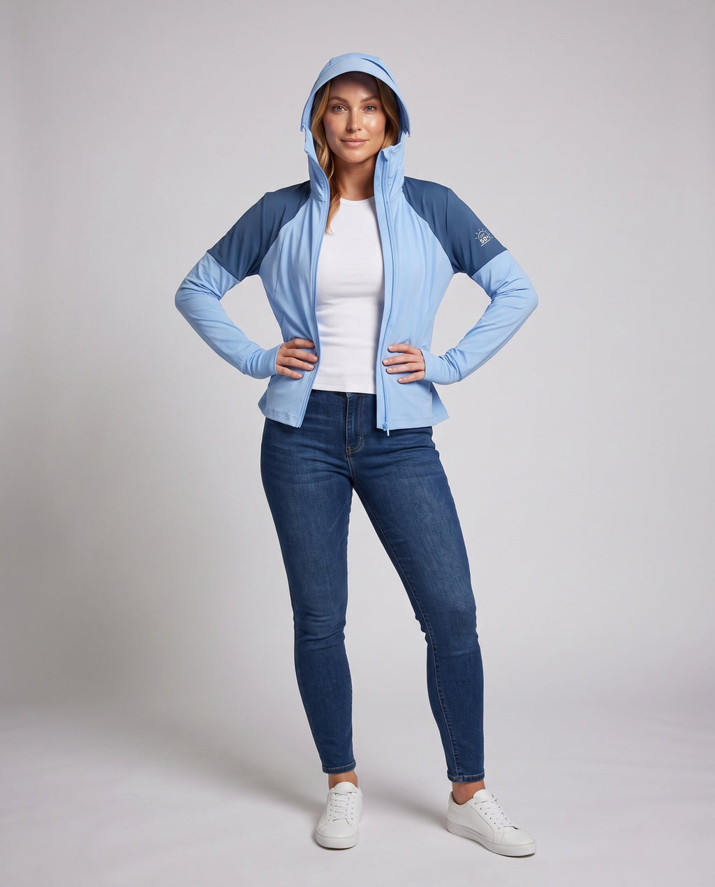 Women's Multifunctional Hoodie Jacket with Fold-Out Sun Visor - Front View