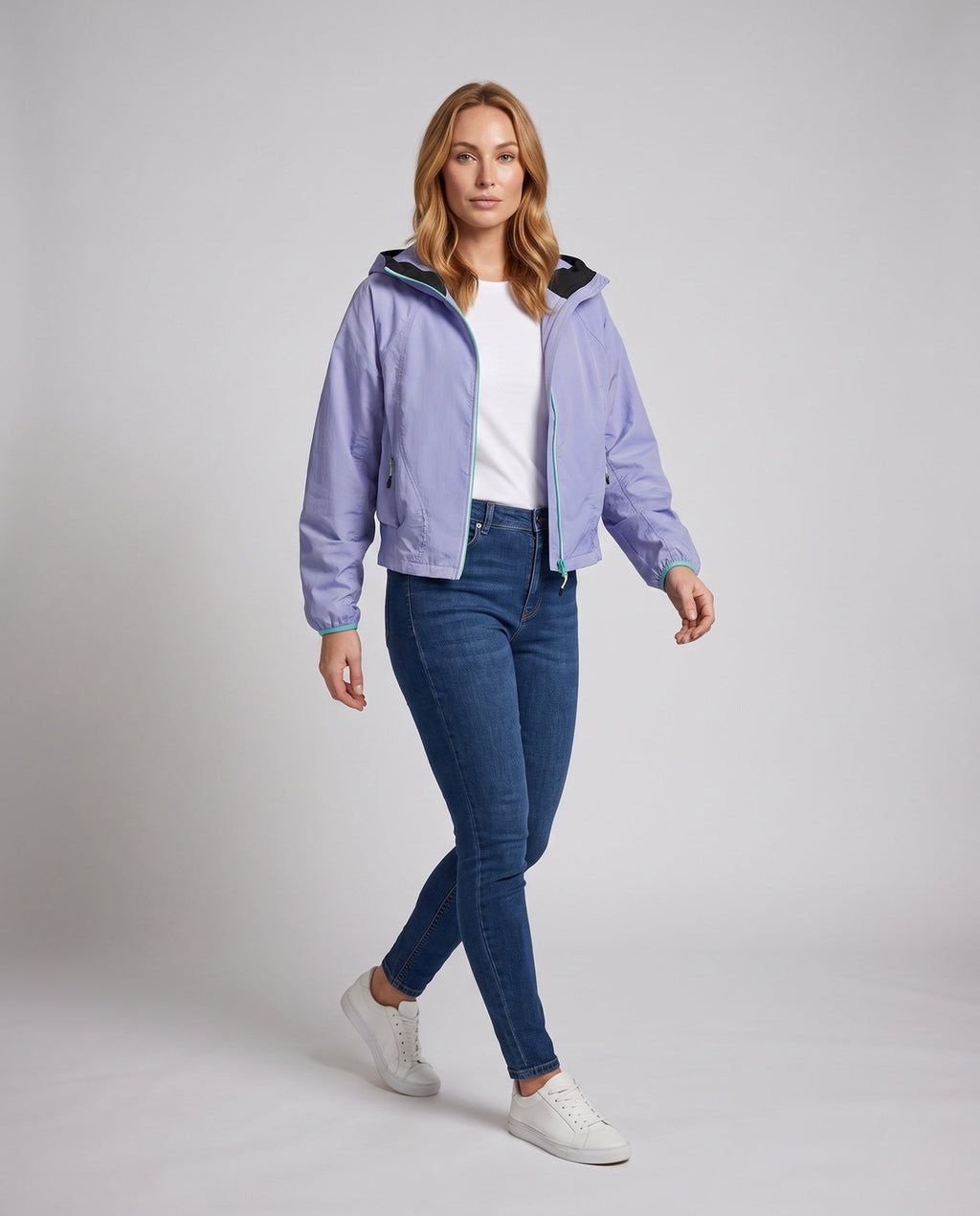 Women's Ultralight Hooded Outdoor Jacket, Packable with Two-Way Zipper - Front View
