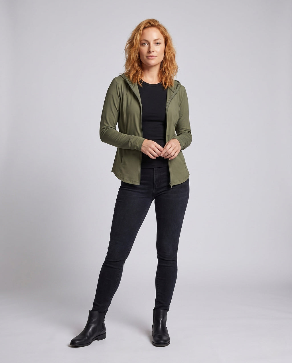 Women's Lightweight Breathable Training Jacket with Hood, Elastic Cut - Front View
