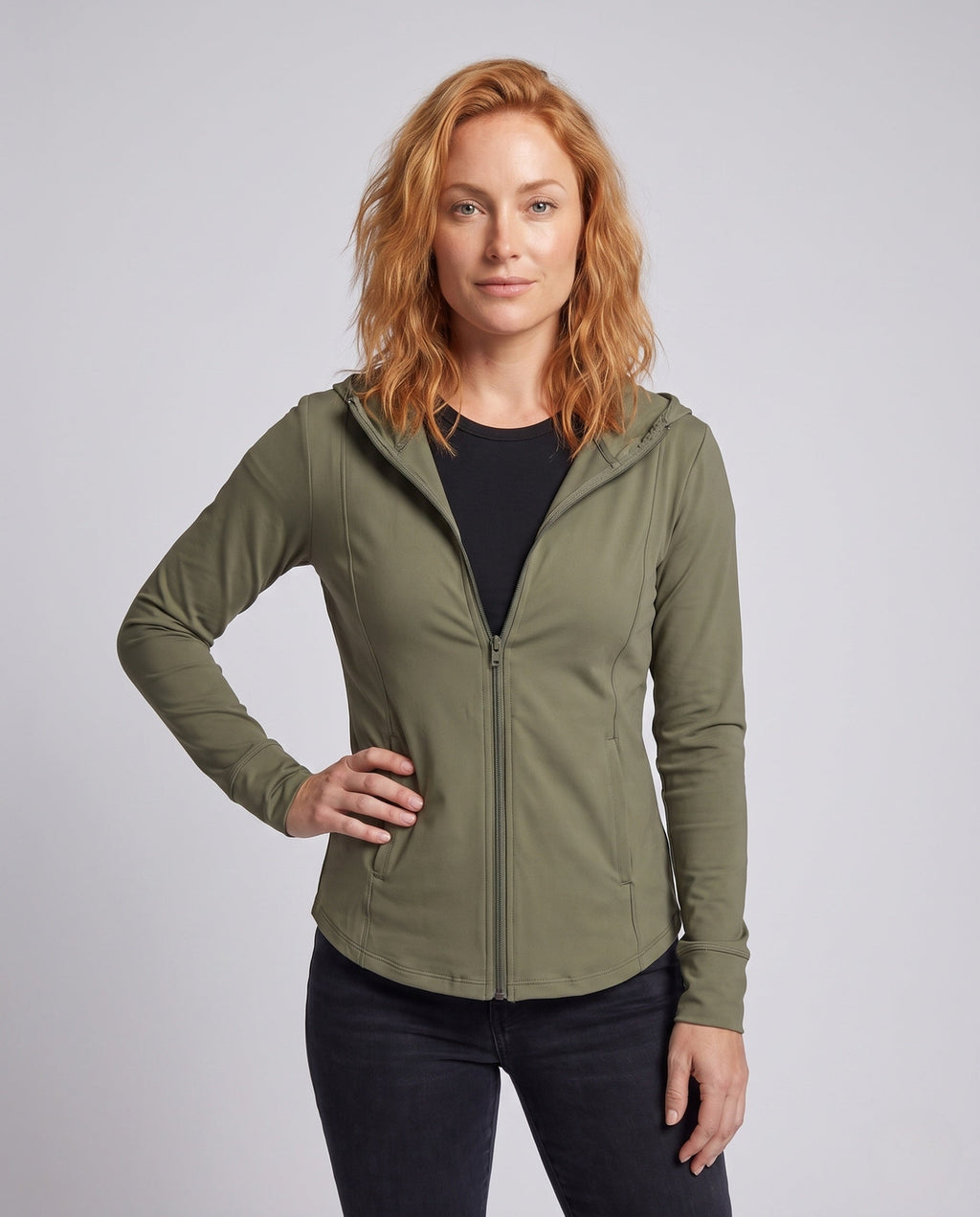 Women's Lightweight Breathable Training Jacket with Hood, Elastic Cut - Upper Body View