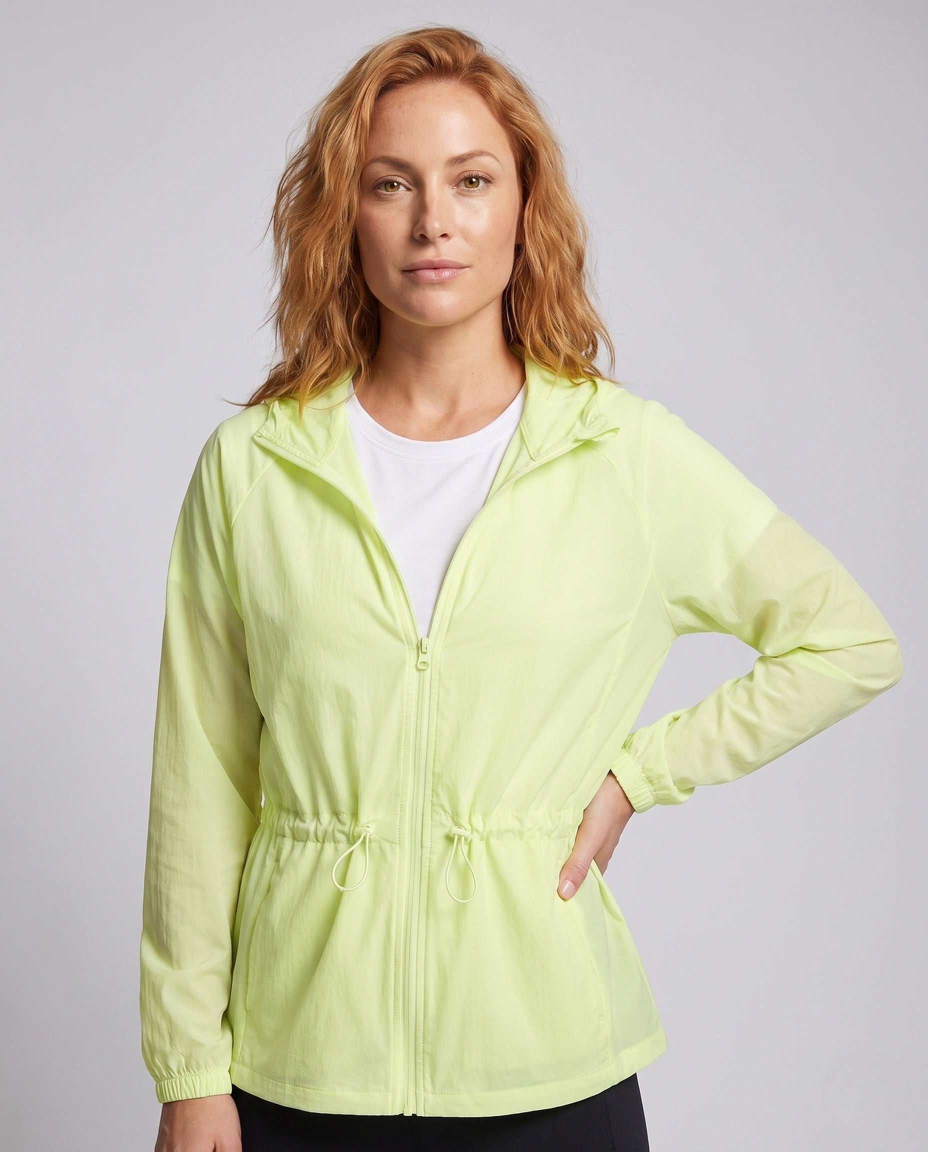 Women's Lightweight Hooded Protection Jacket with Waist Drawstring - Upper Body View