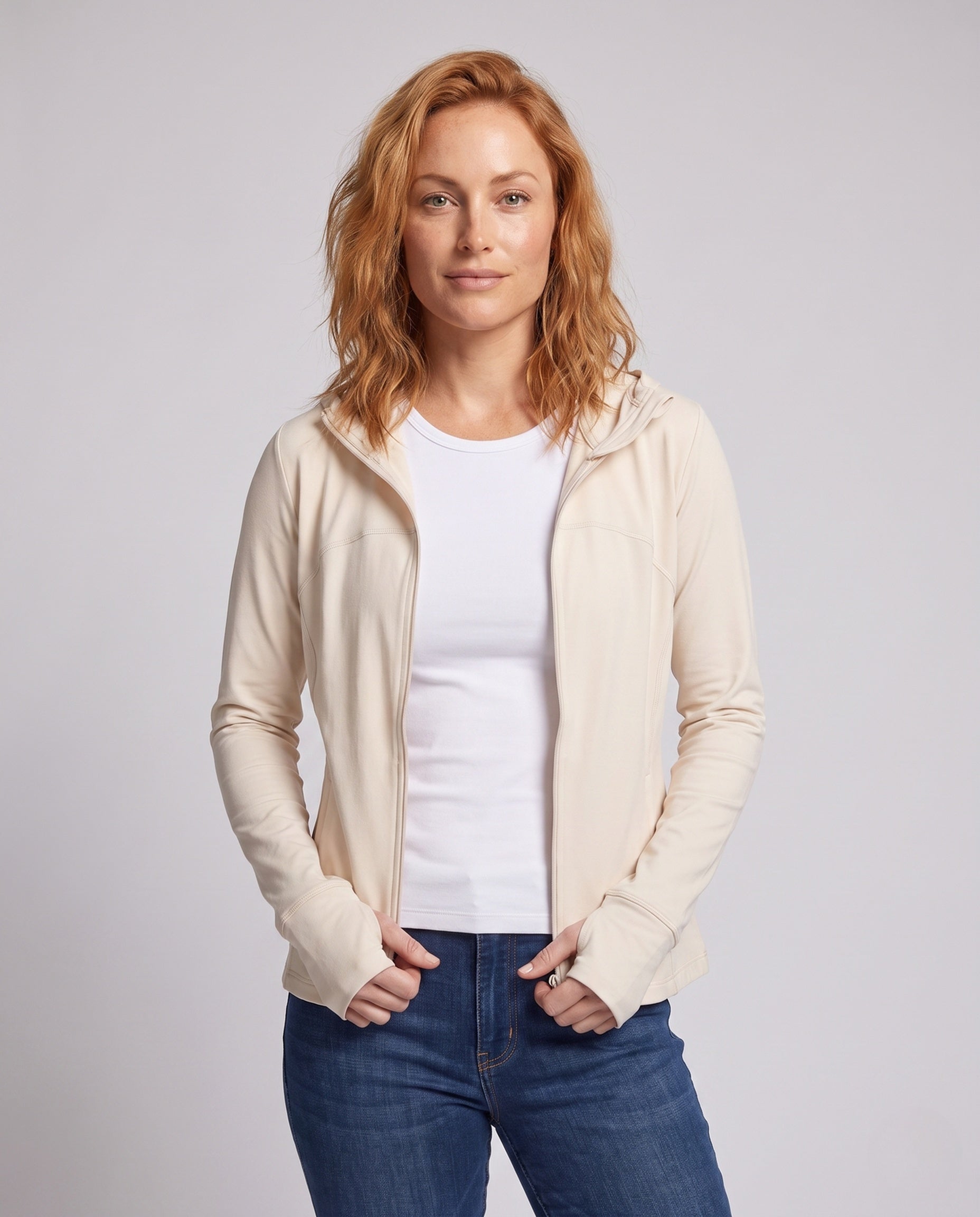 Women's Lightweight Hooded Jacket with Zipper, Integrated Thumb Holes - Upper Body View