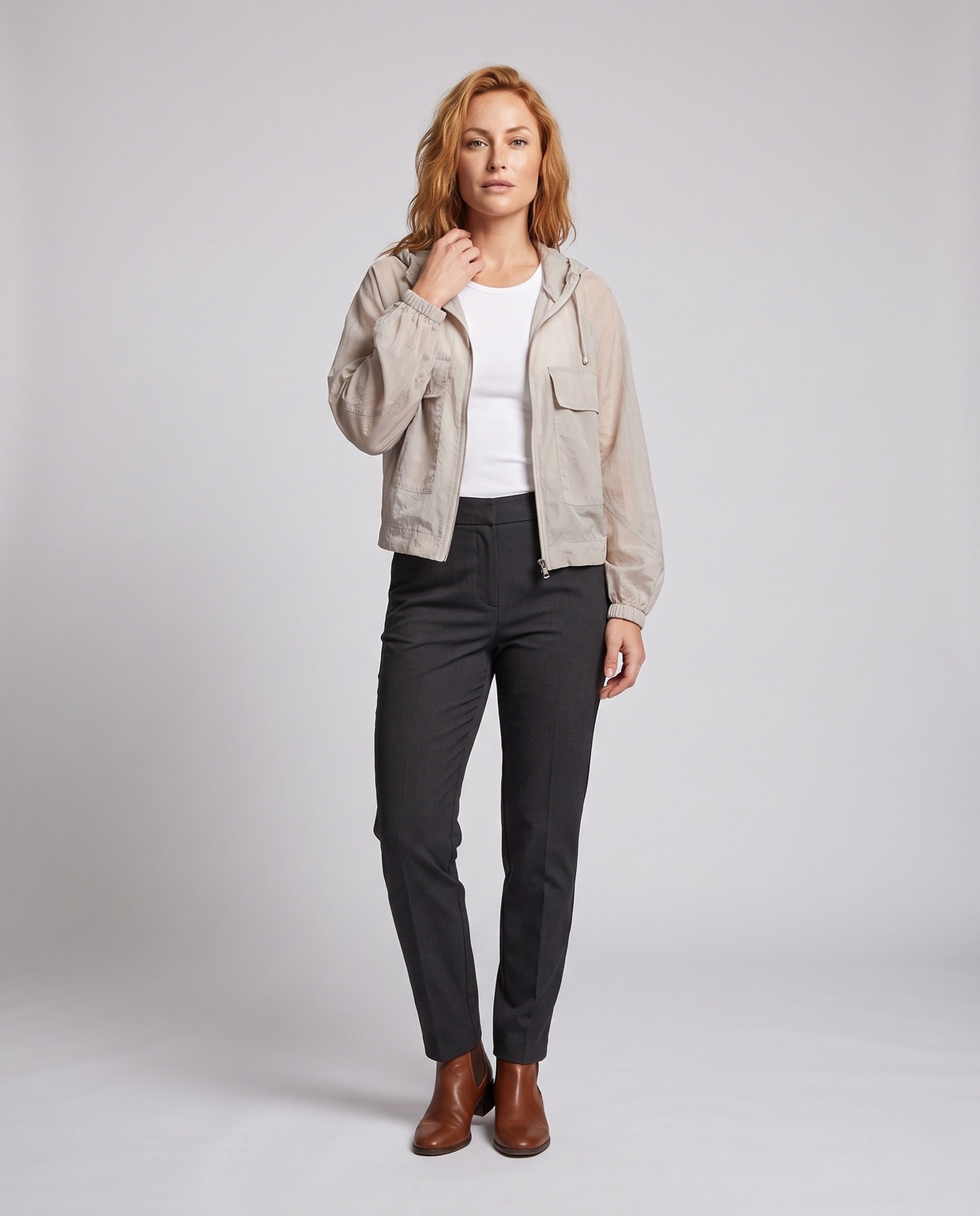 Women's Lightweight Short Jacket in Cargo Style with Hood - Front View