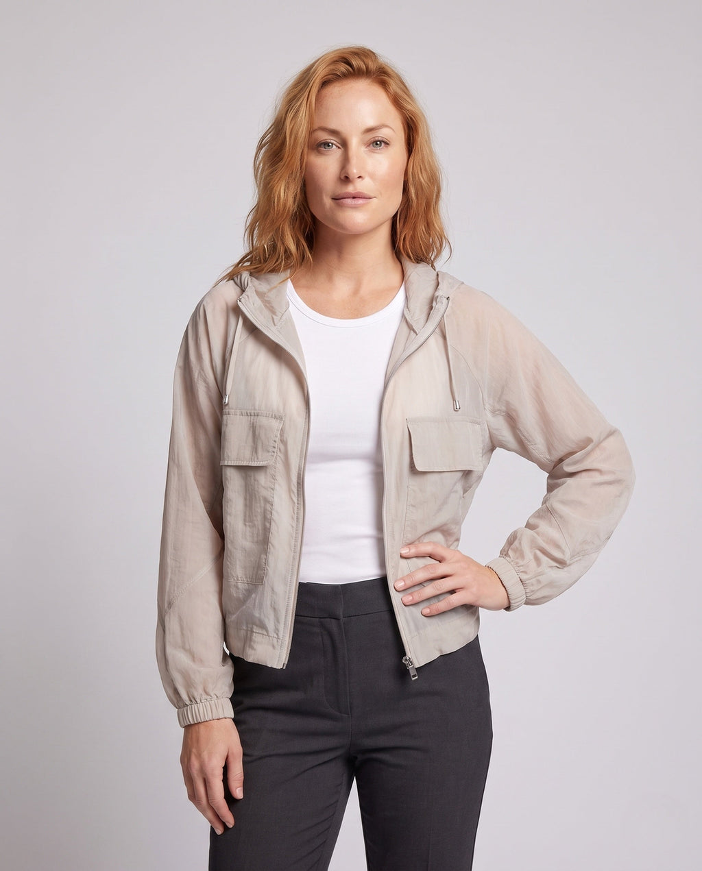 Women's Lightweight Short Jacket in Cargo Style with Hood - Upper Body View