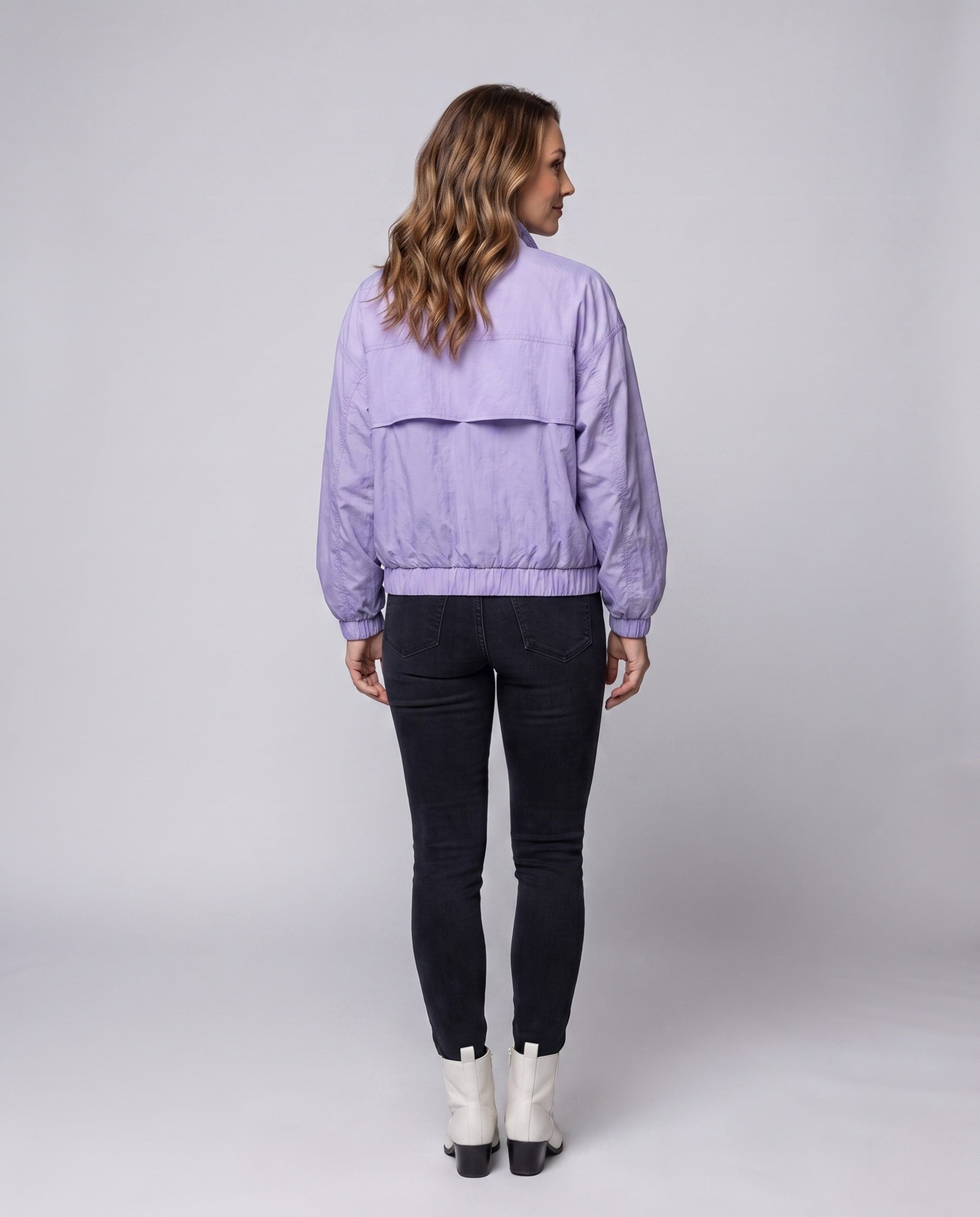 Women's Light Oversized Short Jacket with Stand-Up Collar, Elastic Hem - Back View