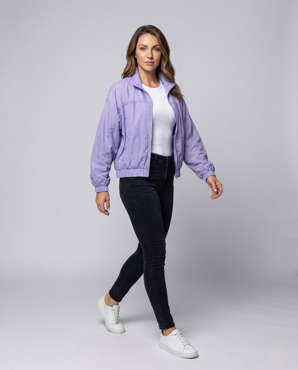 Women's Light Oversized Short Jacket with Stand-Up Collar, Elastic Hem - Front View
