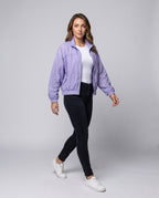 Women's Light Oversized Short Jacket with Stand-Up Collar, Elastic Hem - Front View