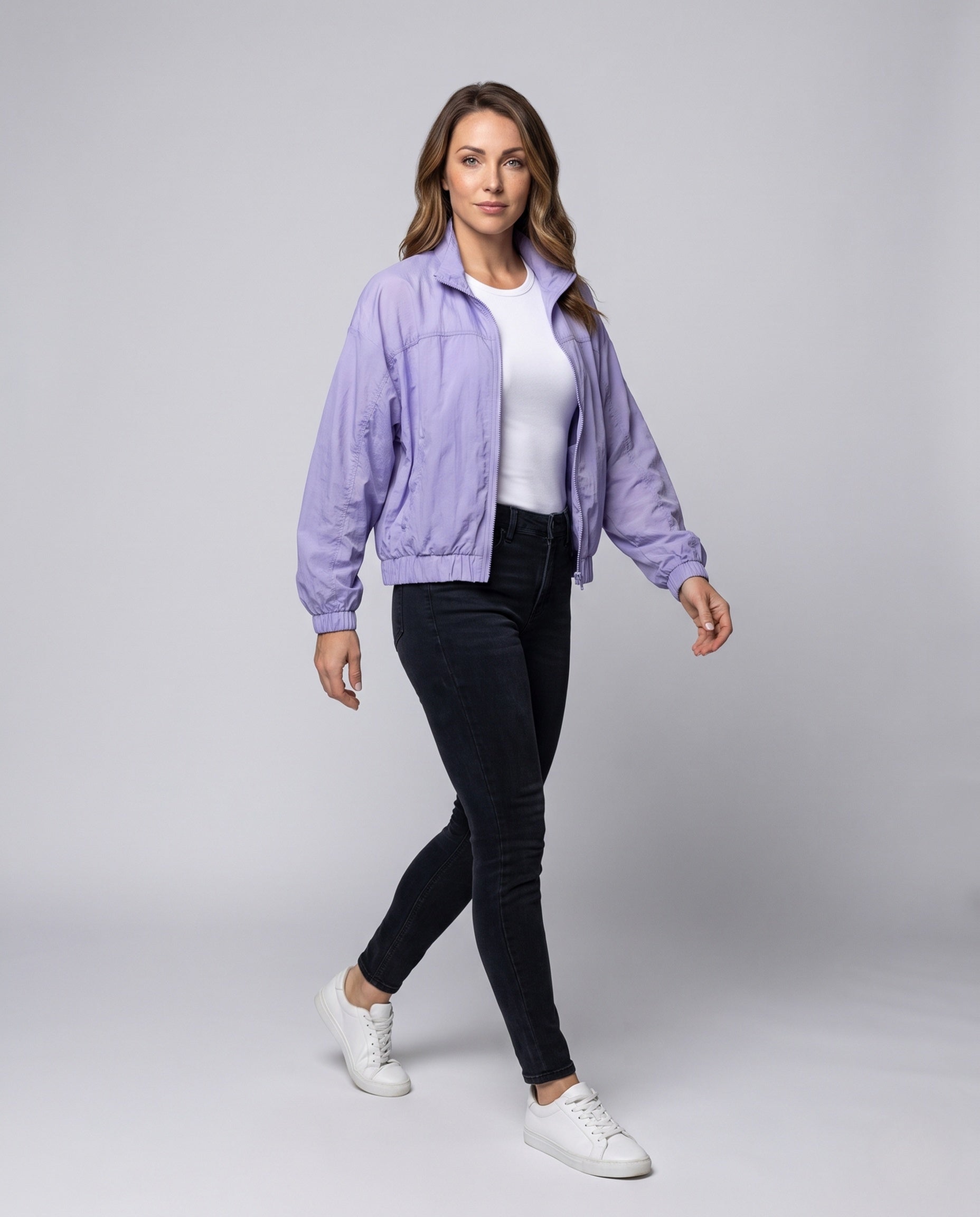 Women's Light Oversized Short Jacket with Stand-Up Collar, Elastic Hem - Front View