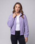 Women's Light Oversized Short Jacket with Stand-Up Collar, Elastic Hem - Upper Body View