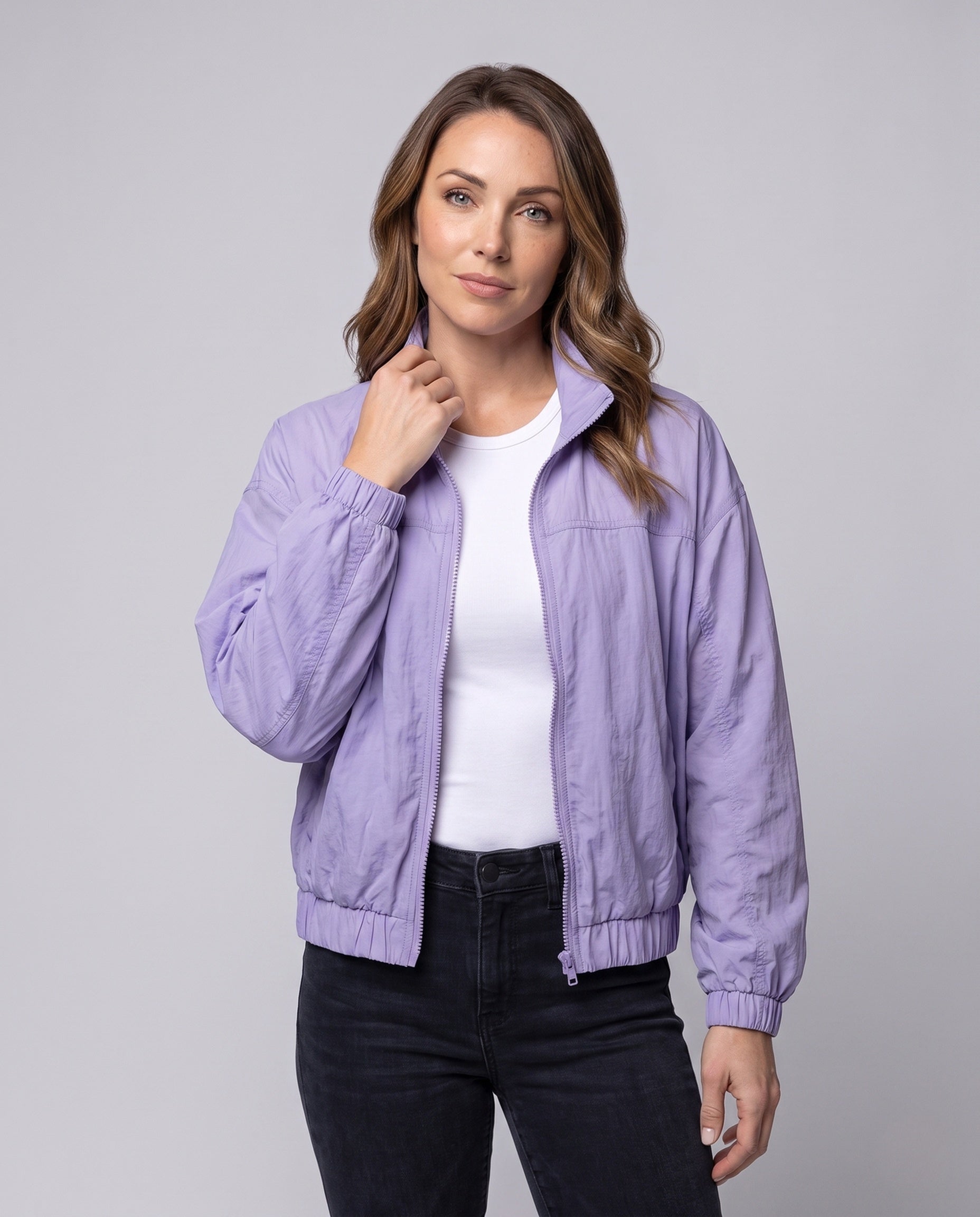 Women's Light Oversized Short Jacket with Stand-Up Collar, Elastic Hem - Upper Body View