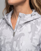 Women's Travel-Friendly Hoodie Jacket with Hexagonal Structure Print - Close-Up Detail