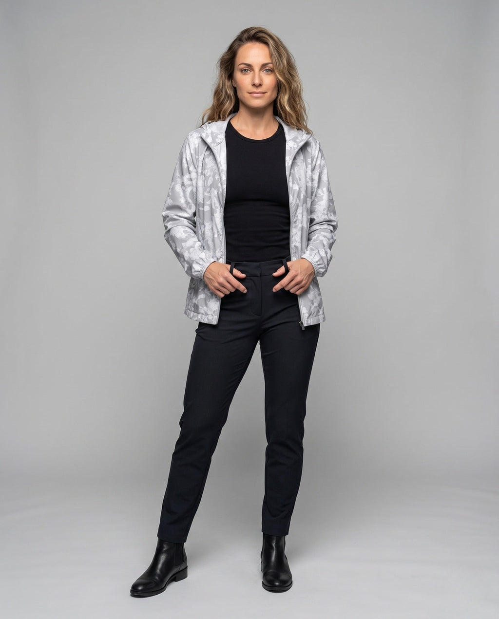 Women's Travel-Friendly Hoodie Jacket with Hexagonal Structure Print - Front View
