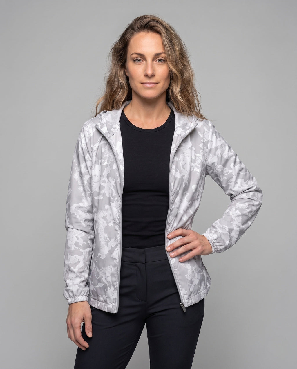 Women's Travel-Friendly Hoodie Jacket with Hexagonal Structure Print - Upper Body View