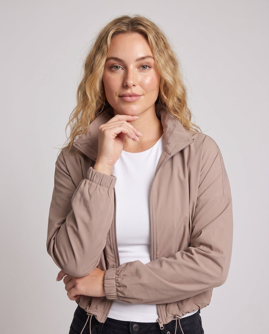 Women's Ultra-Light Short-Cut Training Jacket with Zipper, Drawstring - Upper Body View