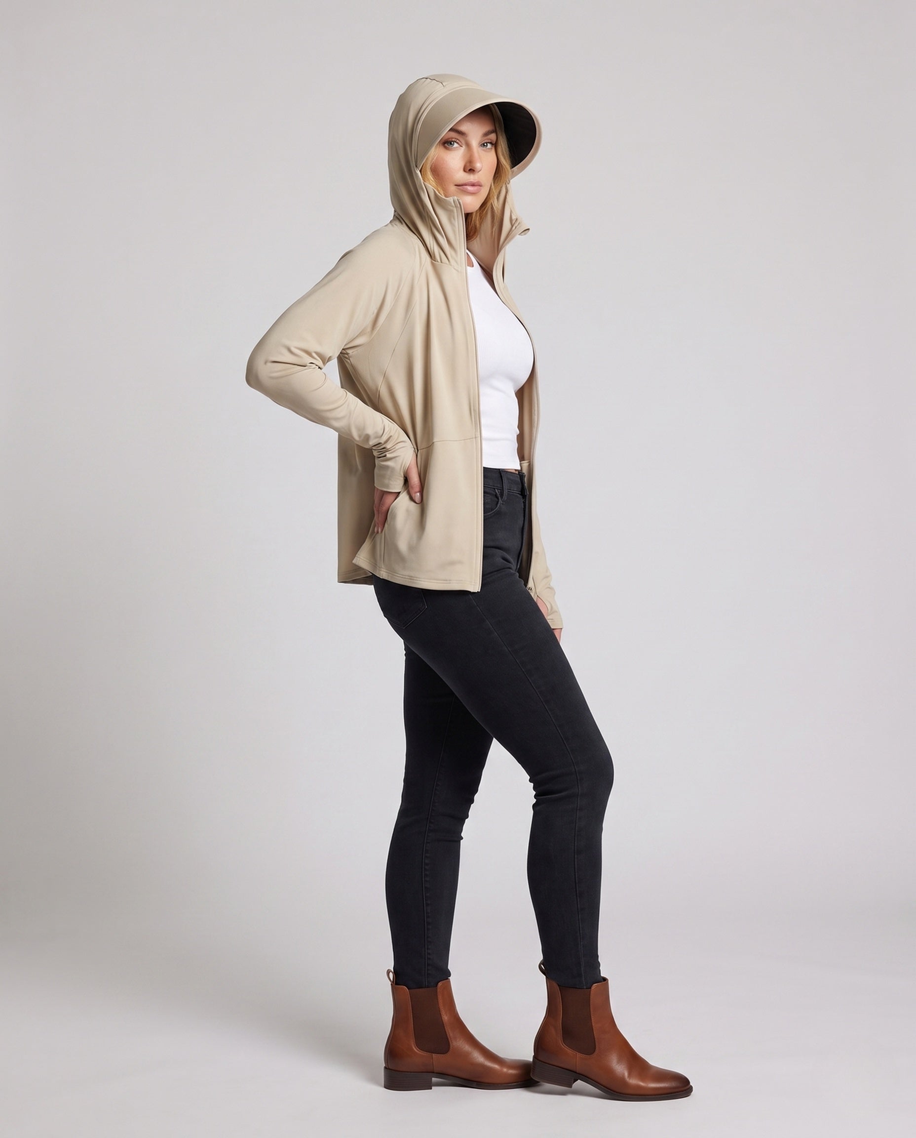 Unisex UV Protection Hoodie Jacket with Removable Visor - Front View