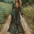 Boho Women's Maxi Dress with Low V-Neck and Long Sleeve | Samantha Style