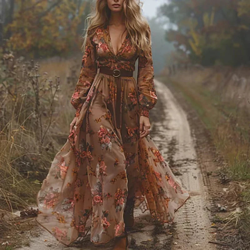 Boho Women's Maxi Dress with Low V-Neck and Long Sleeve | Samantha Style